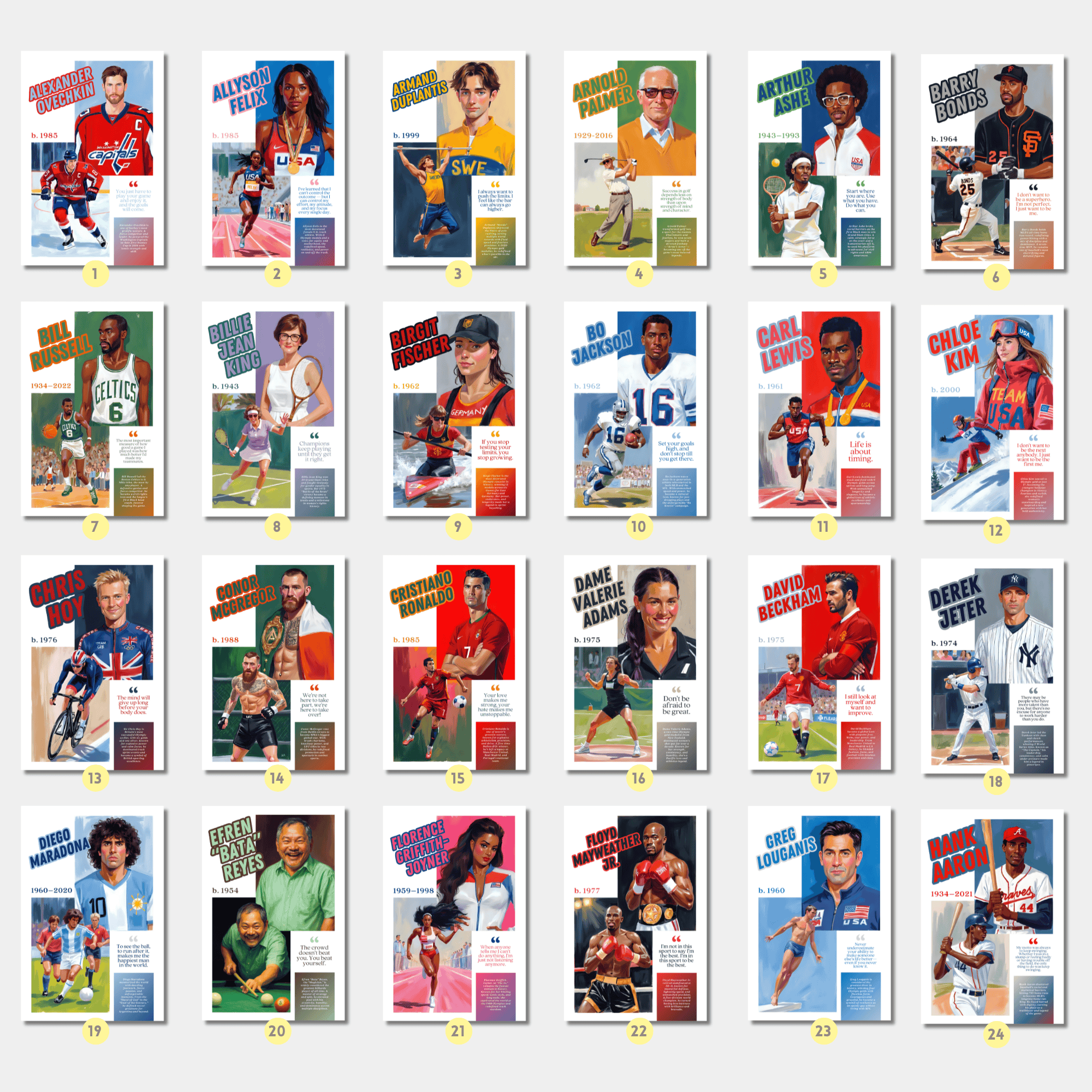 Printable famous athletes poster set of 100 featuring sports mindset quotes for PE classroom decor, gym walls, bulletin boards, and displays.