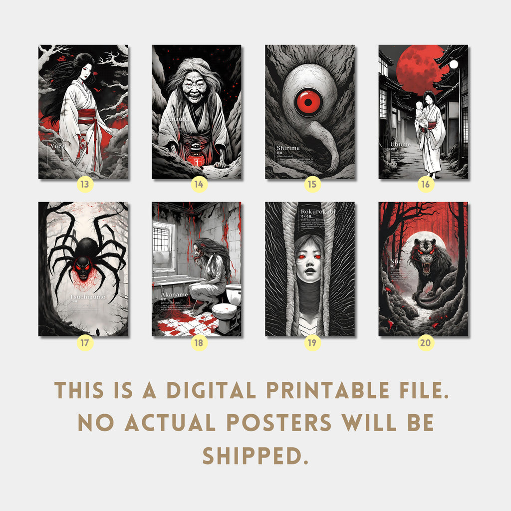 Printable Japanese mythological creatures poster set of 20 for Halloween decor, Japan horror wall art, dark fall displays, and spooky gothic gallery walls.