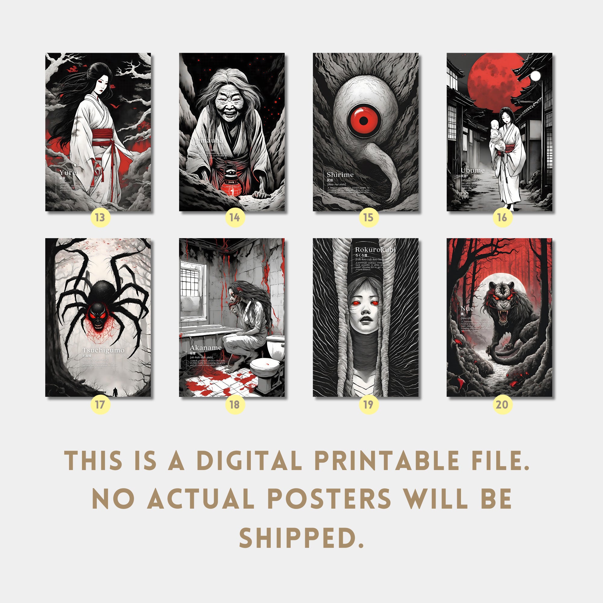 Printable Japanese mythological creatures poster set of 20 for Halloween decor, Japan horror wall art, dark fall displays, and spooky gothic gallery walls.