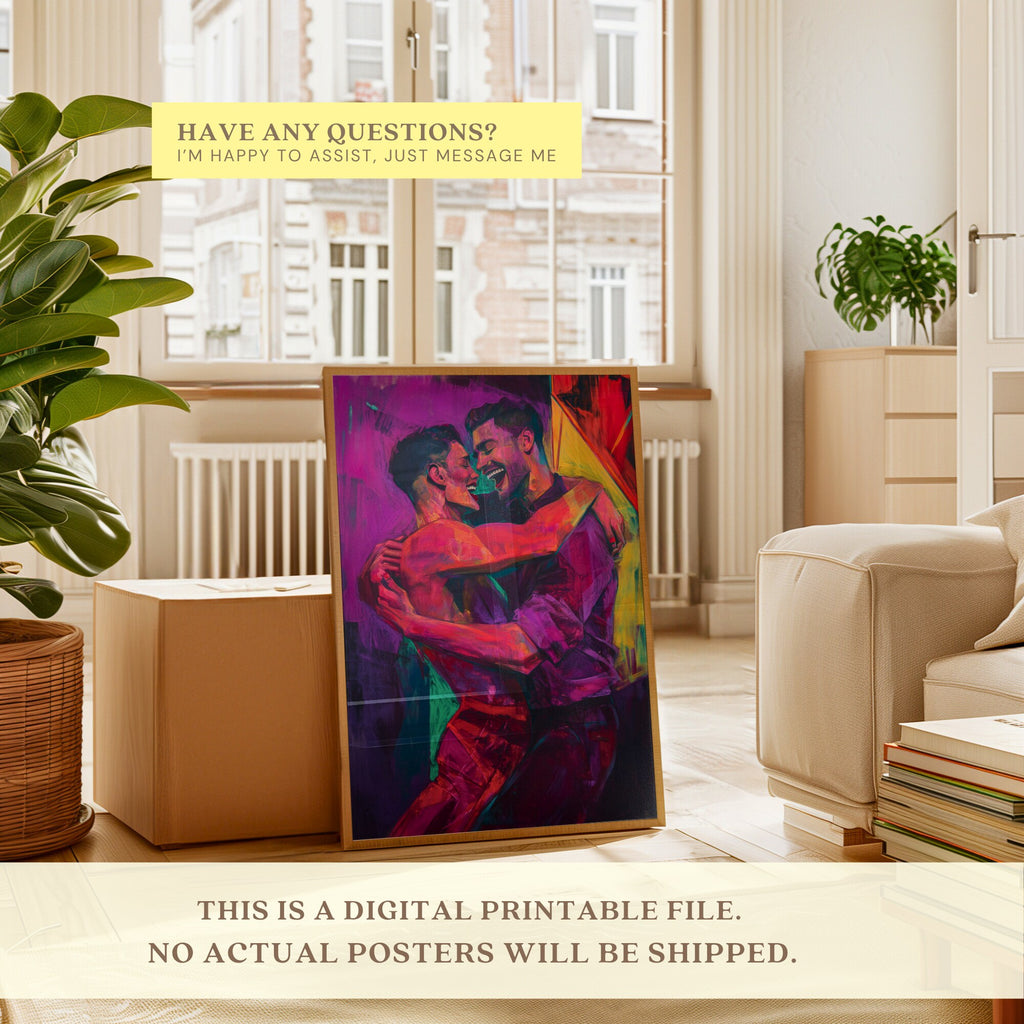 Printable gay couple wall art in a queer eclectic neon style for Pride Month decor, LGBTQIA+ spaces, gallery walls, and inclusive home decor.