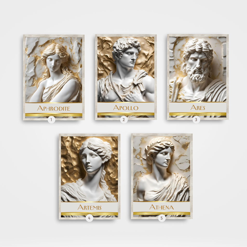 Printable Greek gods and goddesses poster set of 15 for mythology wall art, classroom decor, bulletin boards, homeschool spaces, and educational displays.