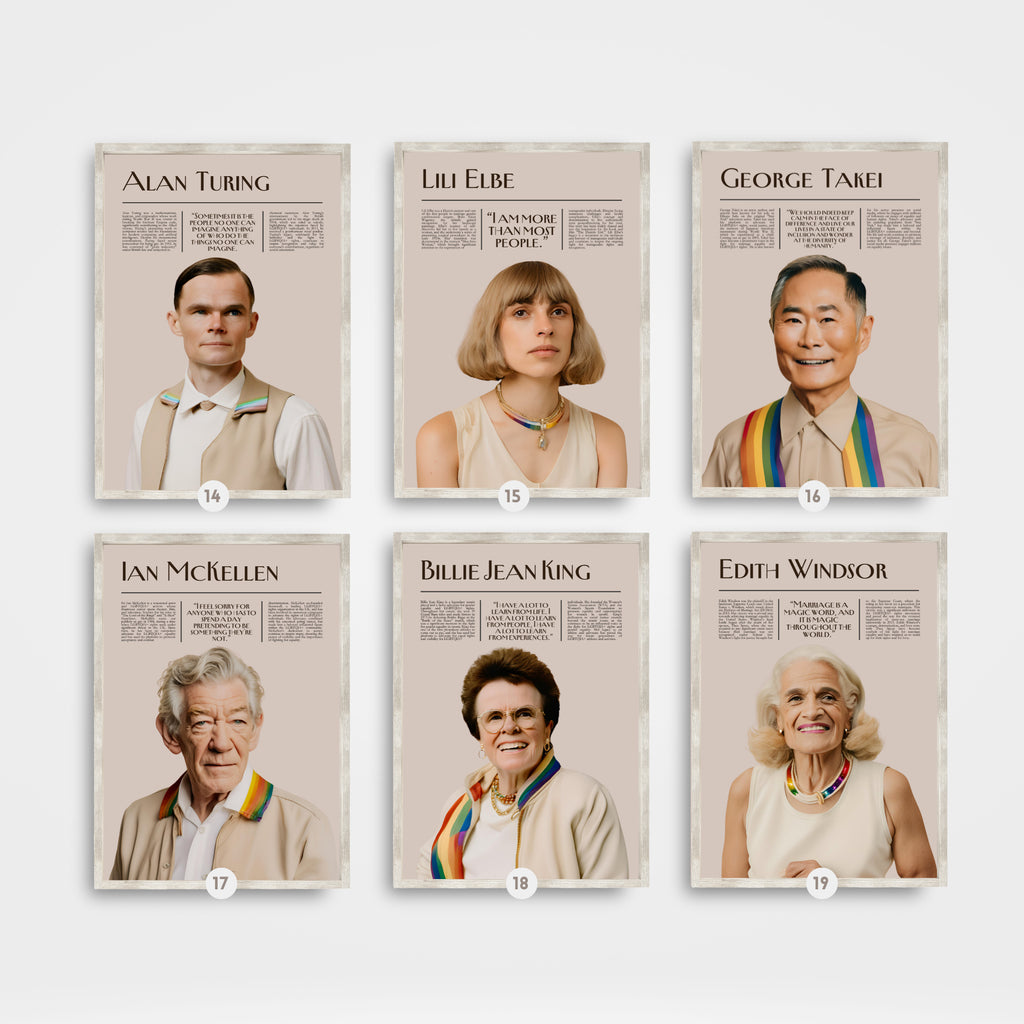 Printable Pride Month poster set of 25 featuring LGBT icons, LGBTQIA+ history, queer quotes, SOGIE displays, and inclusive classroom decor.