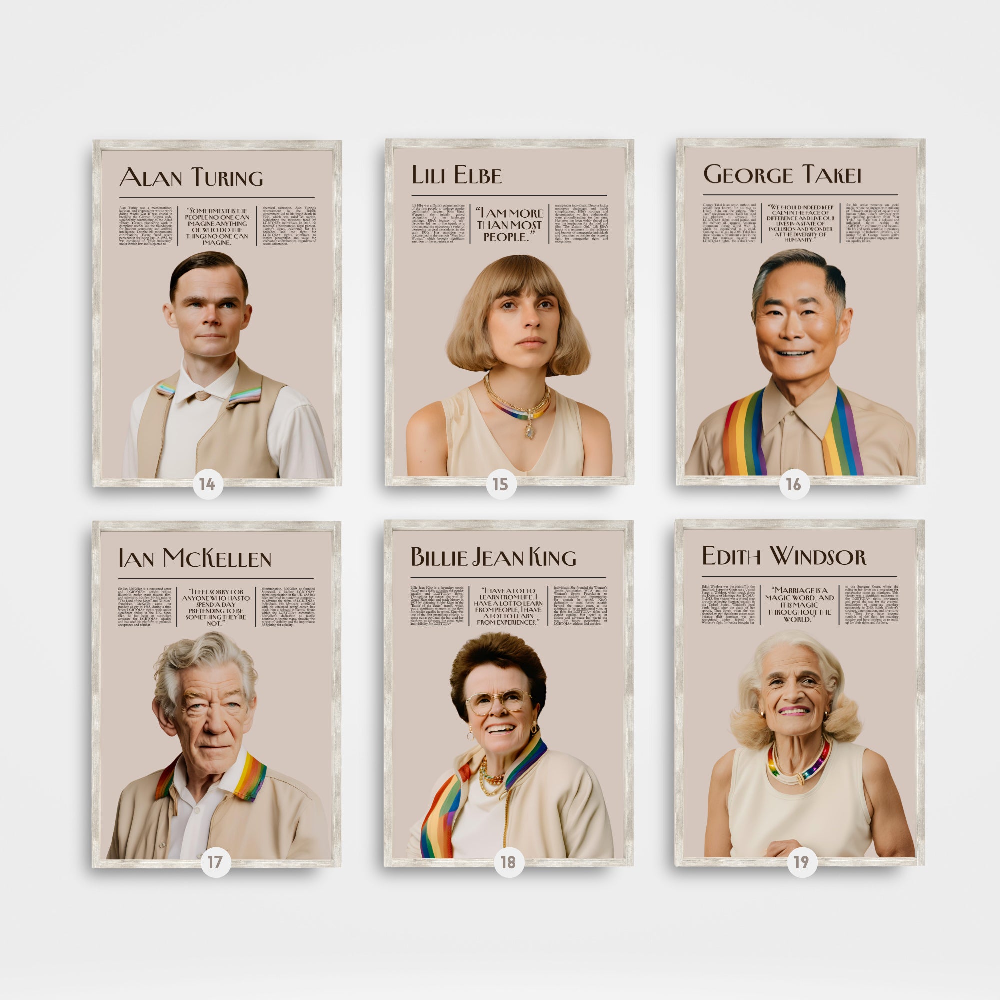 Printable Pride Month poster set of 25 featuring LGBT icons, LGBTQIA+ history, queer quotes, SOGIE displays, and inclusive classroom decor.