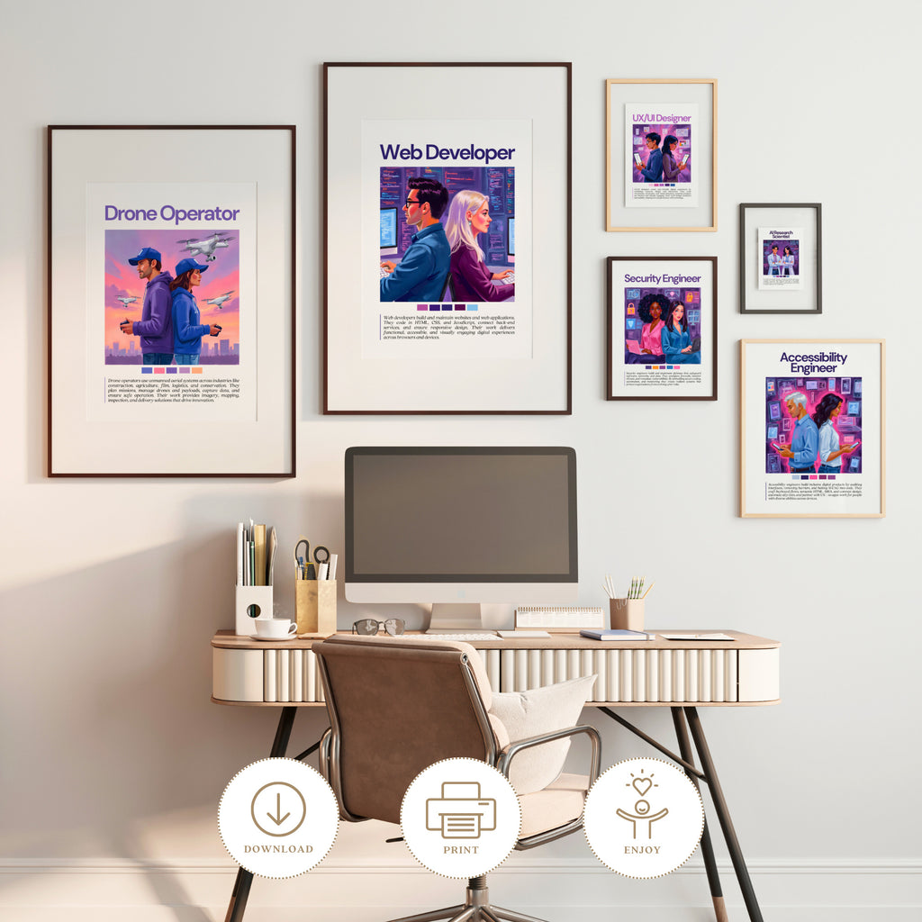 Printable tech careers poster set of 60 for computer science classroom decor, technology bulletin boards, homeschool spaces, and career displays.