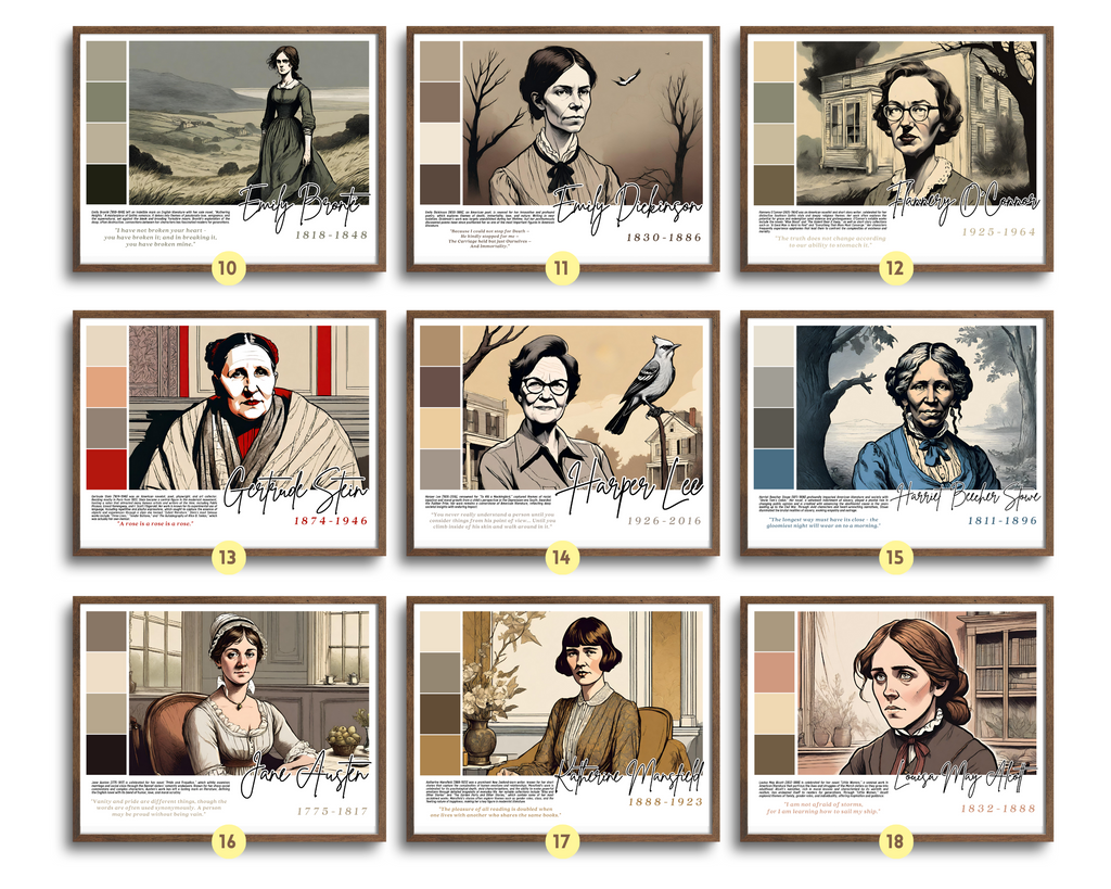 Printable Women in Literature poster set of 30 featuring famous writers, quotes, and achievements. Perfect for Women’s History Month classroom decor.