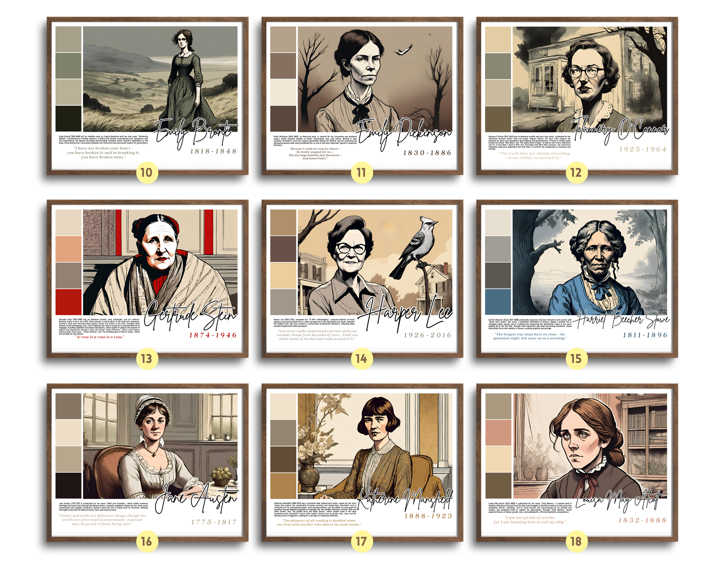Printable Women in Literature poster set of 30 featuring famous writers, quotes, and achievements. Perfect for Women’s History Month classroom decor.