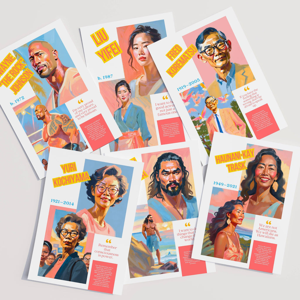 Printable AAPI Heritage Month poster set of 50 featuring Asian American and Pacific Islander icons for classroom decor and bulletin boards.