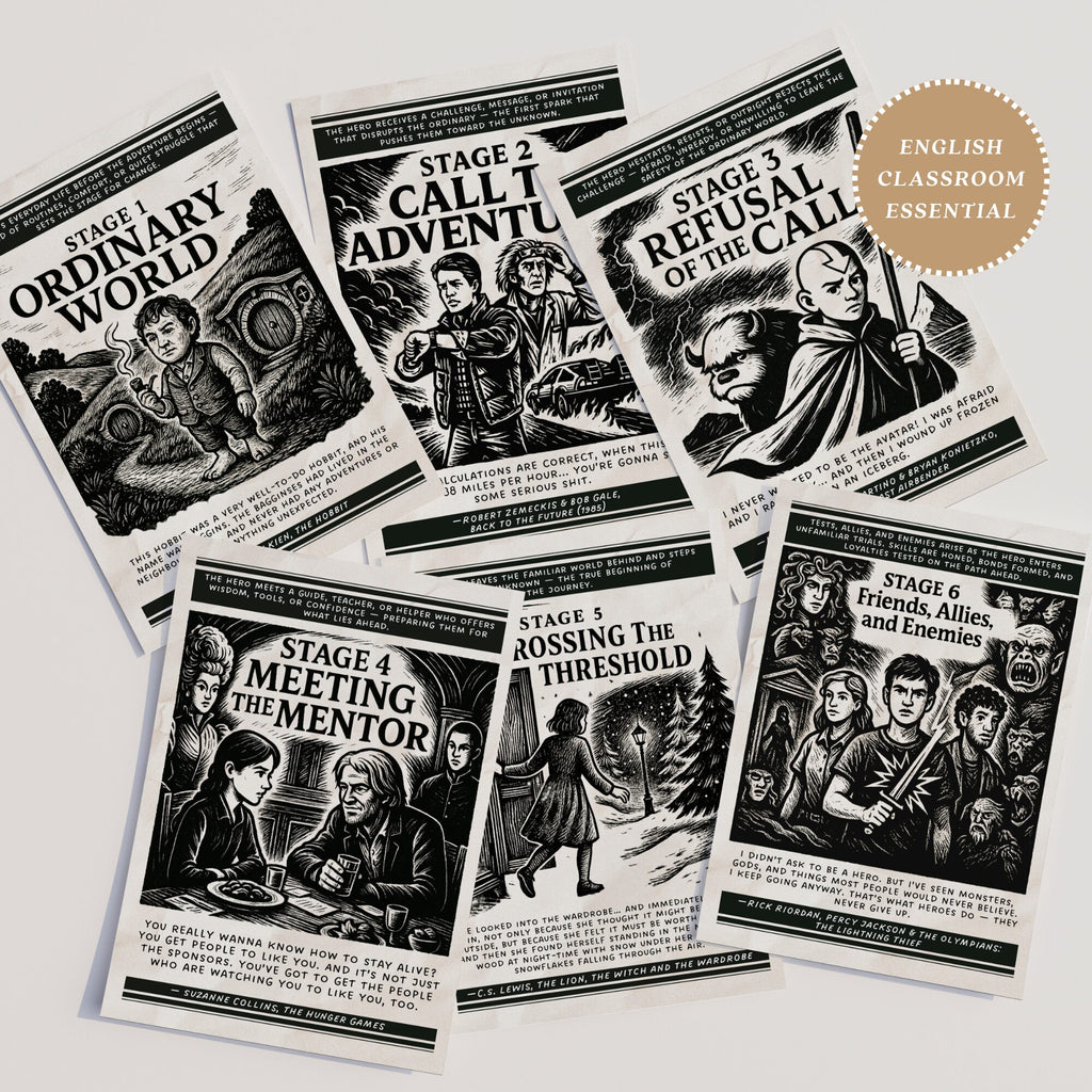 Printable Hero’s Journey poster set of 13 for English classroom decor, ELA literature lessons, homeschool spaces, libraries, and wall displays.