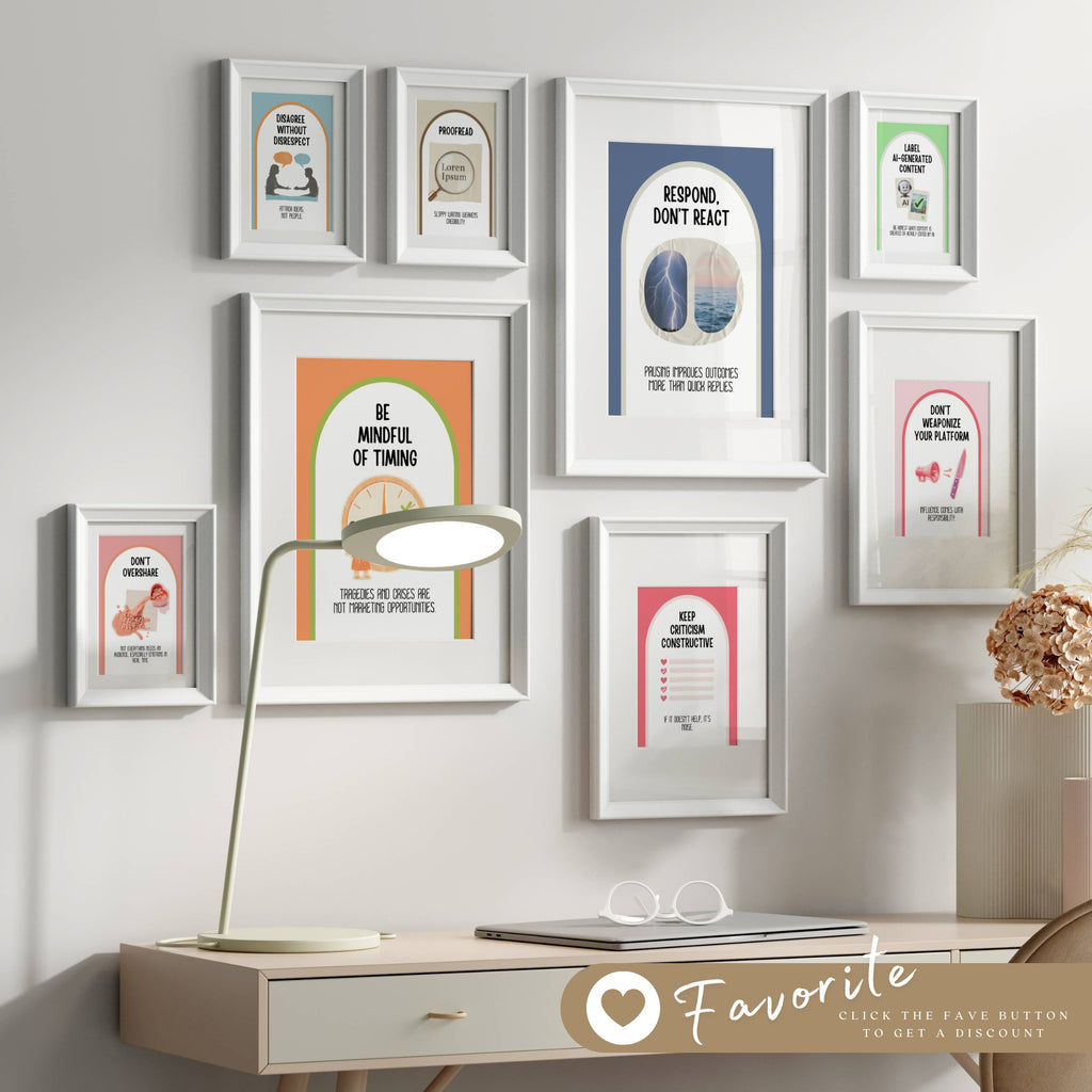 Printable social media etiquette poster set of 35 for middle school, high school, office bulletin boards, digital citizenship, and classroom decor.