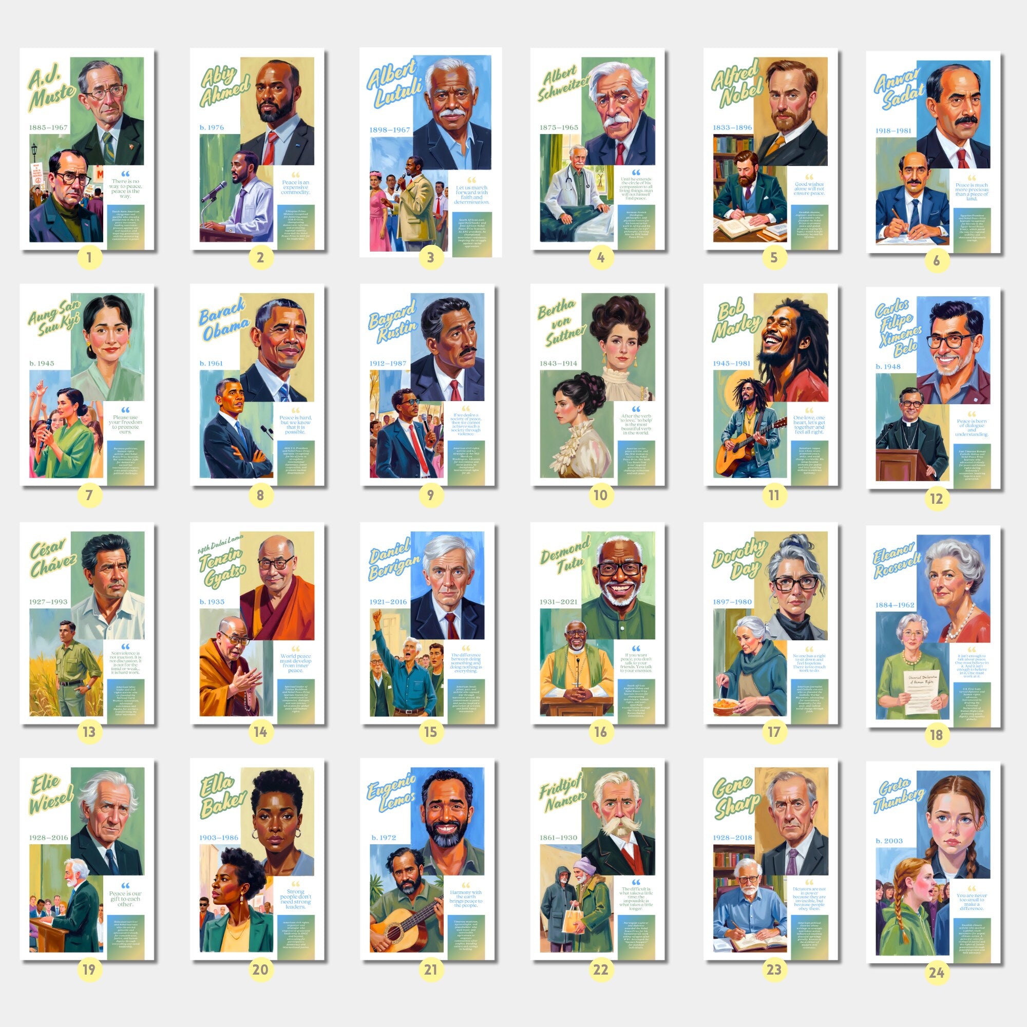 Printable peace advocates poster set of 60 featuring world leaders, famous inspirational quotes, history classroom decor, and bulletin board displays.