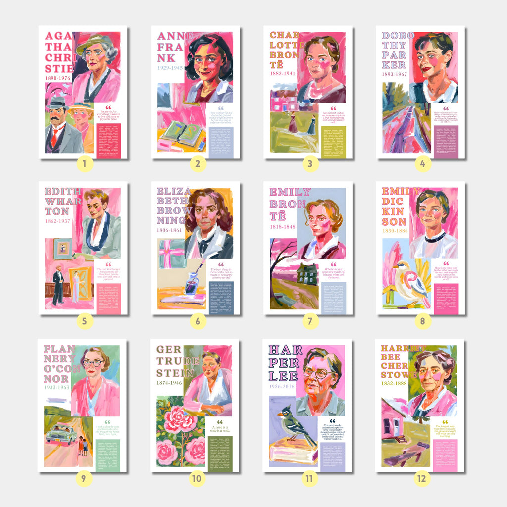 Printable Women in Literature poster set of 25 featuring inspirational quotes and achievements. Perfect for Women’s History Month classroom decor.