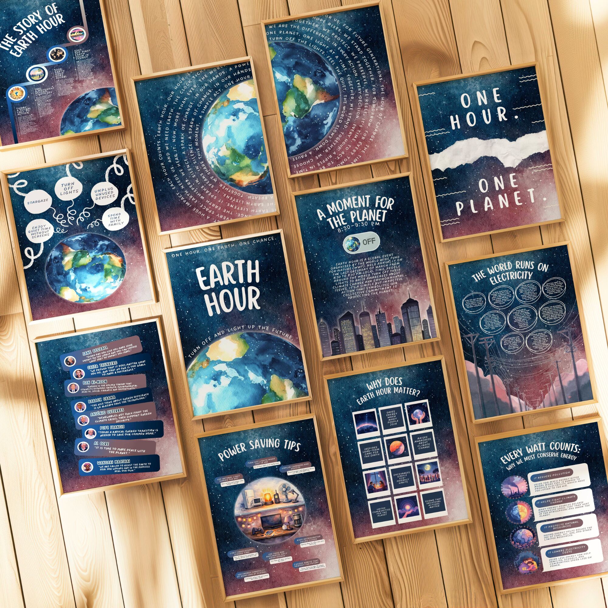Printable Earth Hour poster set of 30 for climate change awareness, March bulletin boards, classroom decor, sustainability lessons, and displays.