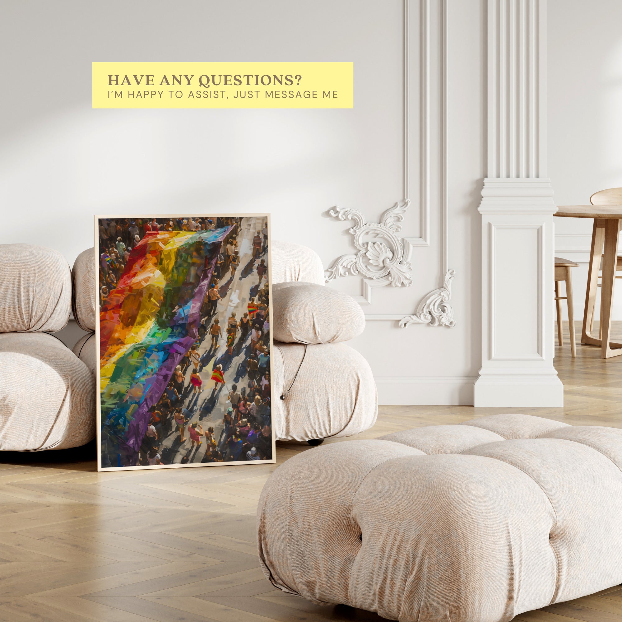 Printable Pride March wall art for Pride Month displays, LGBTQIA+ visibility, inclusive classroom decor, SOGIE bulletin boards, and equality spaces.