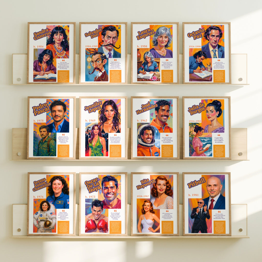 Printable Hispanic Heritage Month poster set of 80 featuring history quotes, classroom decor, bulletin board displays, and educational