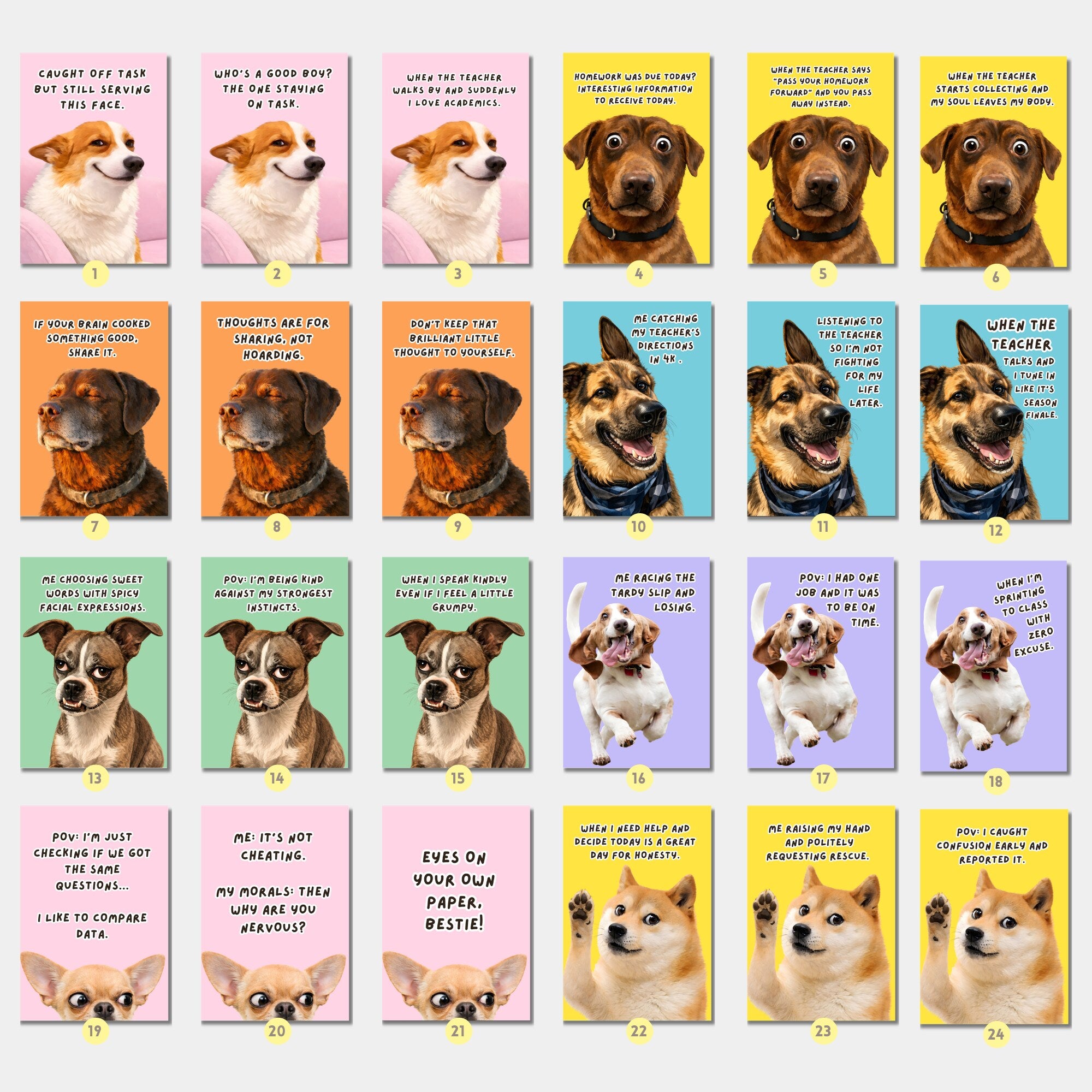 Printable funny class rules dog meme posters for middle school and high school classroom decor, teacher bulletin boards, and playful displays.