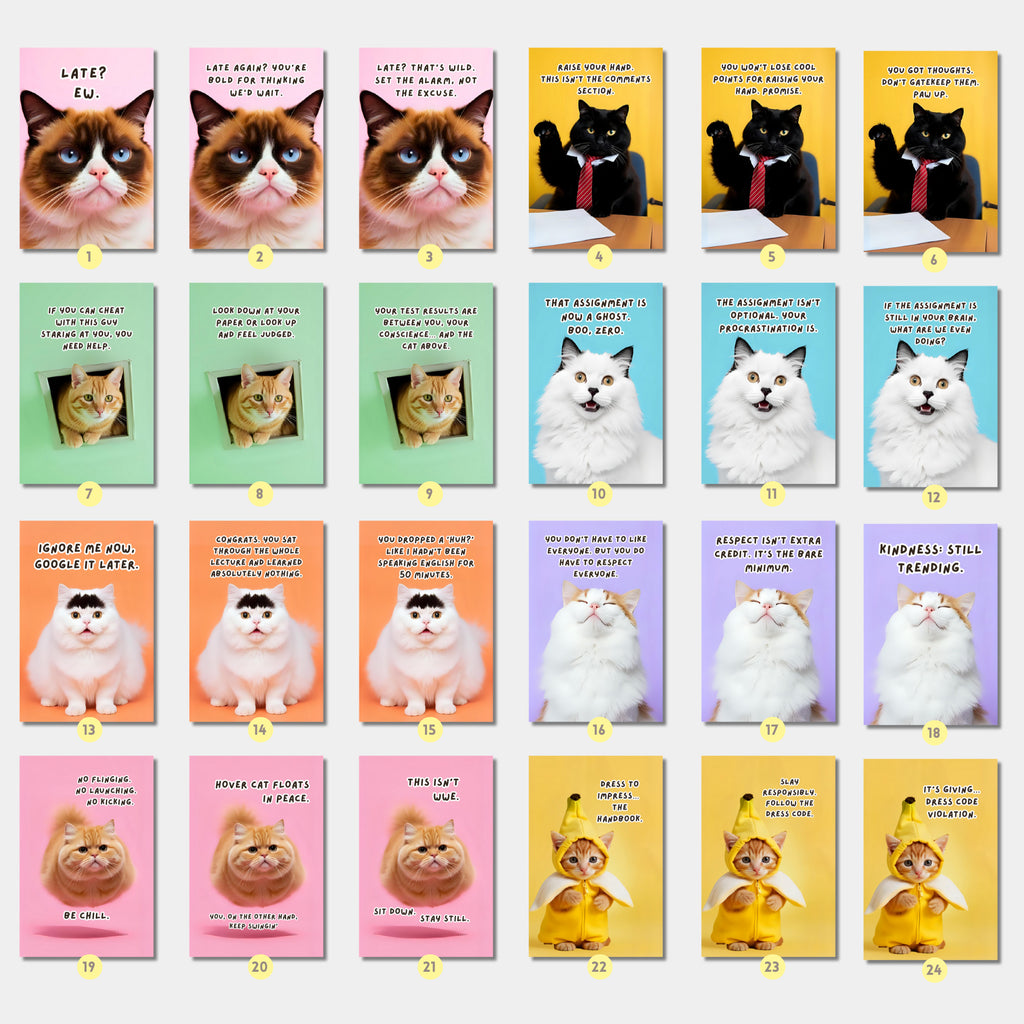 Printable funny class rules cat meme posters for middle school and high school classroom decor, teacher bulletin boards, and playful displays.