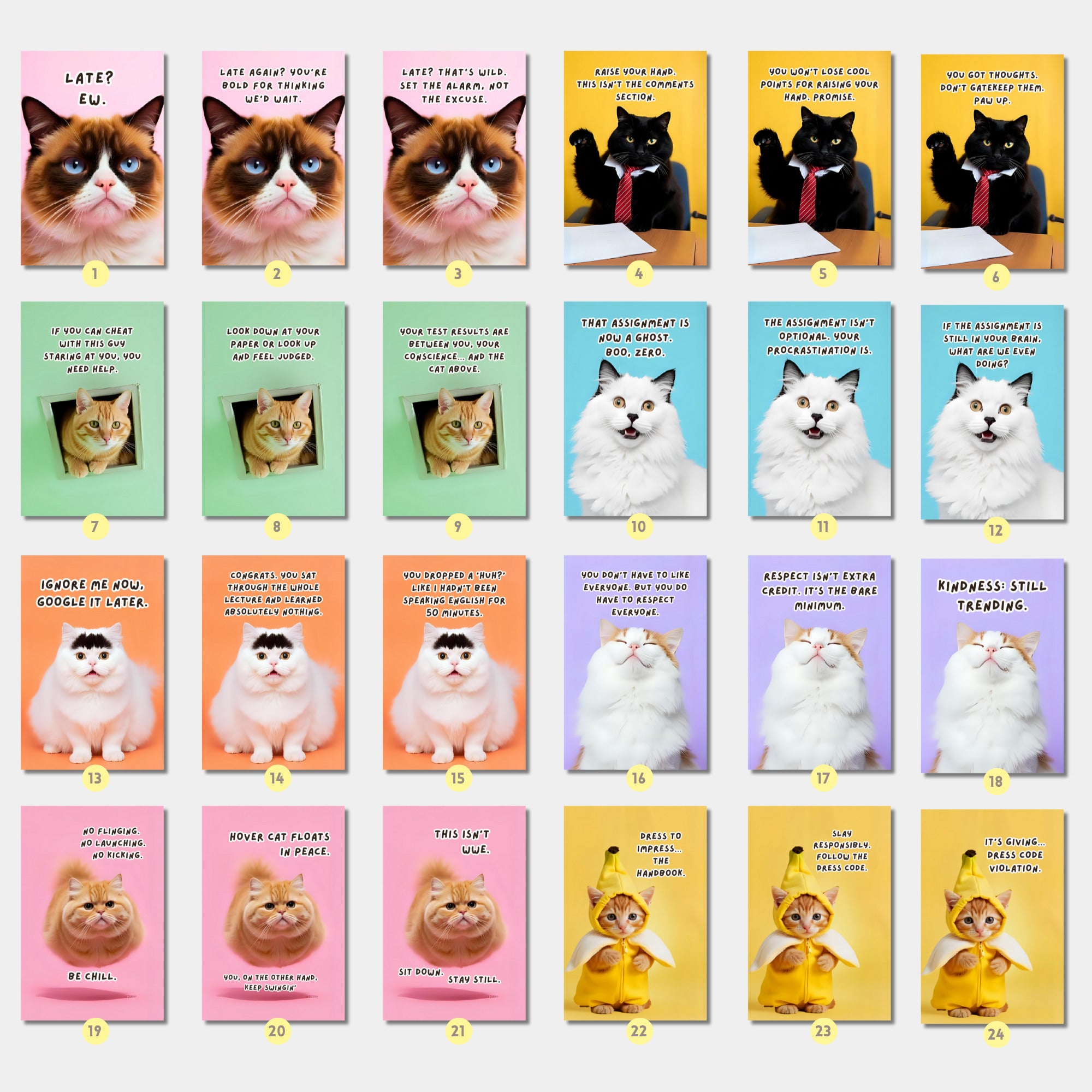 Printable funny class rules cat meme posters for middle school and high school classroom decor, teacher bulletin boards, and playful displays.