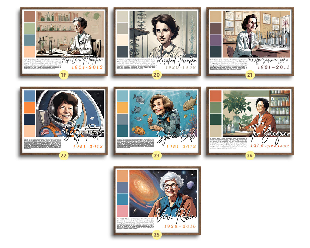 Printable Women in Science poster set of 25 featuring trailblazing women, quotes, and achievements. Perfect for STEM classrooms and bulletin boards.