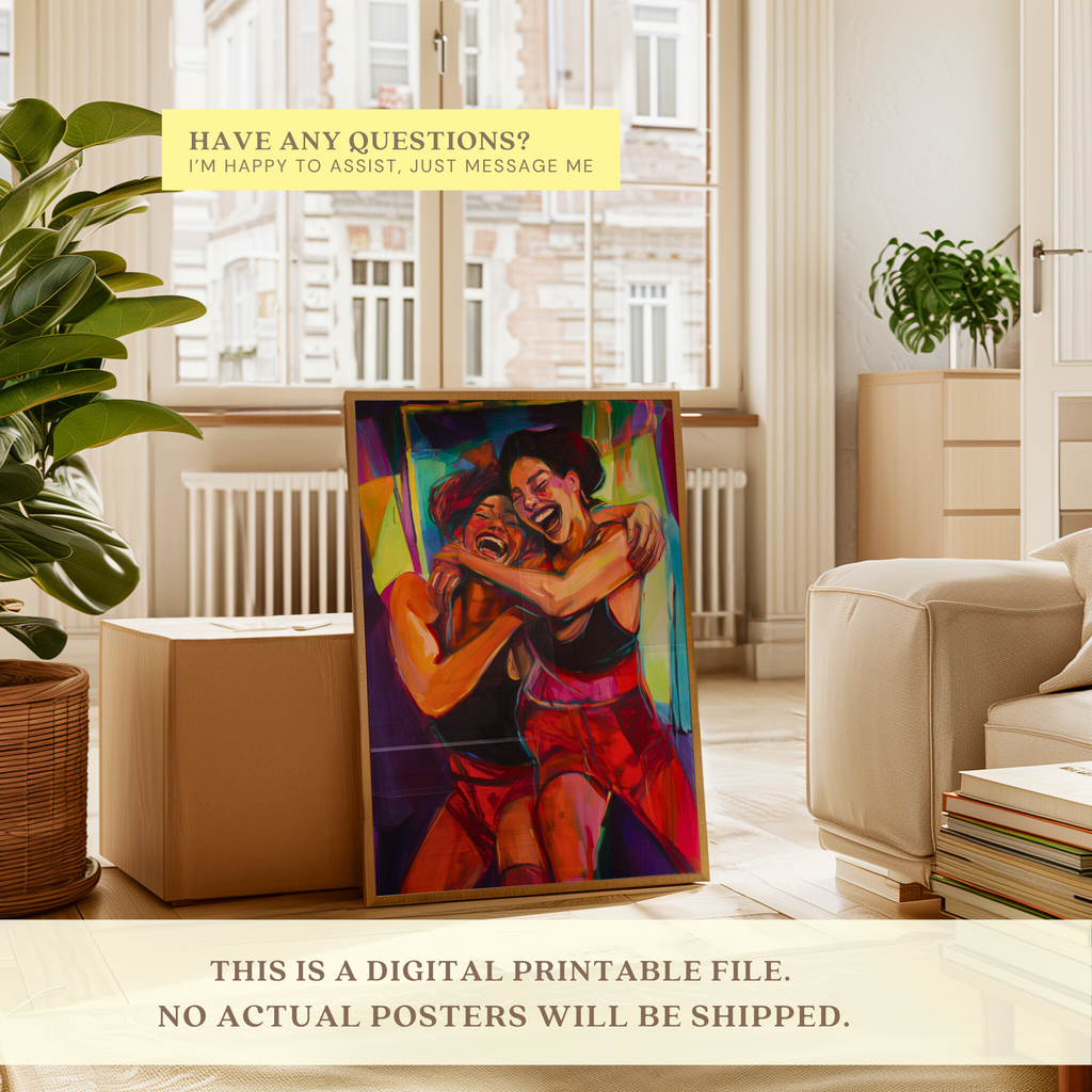 Printable sapphic wall art in a queer eclectic neon style for Pride Month decor, lesbian couple spaces, gallery walls, and inclusive home decor.