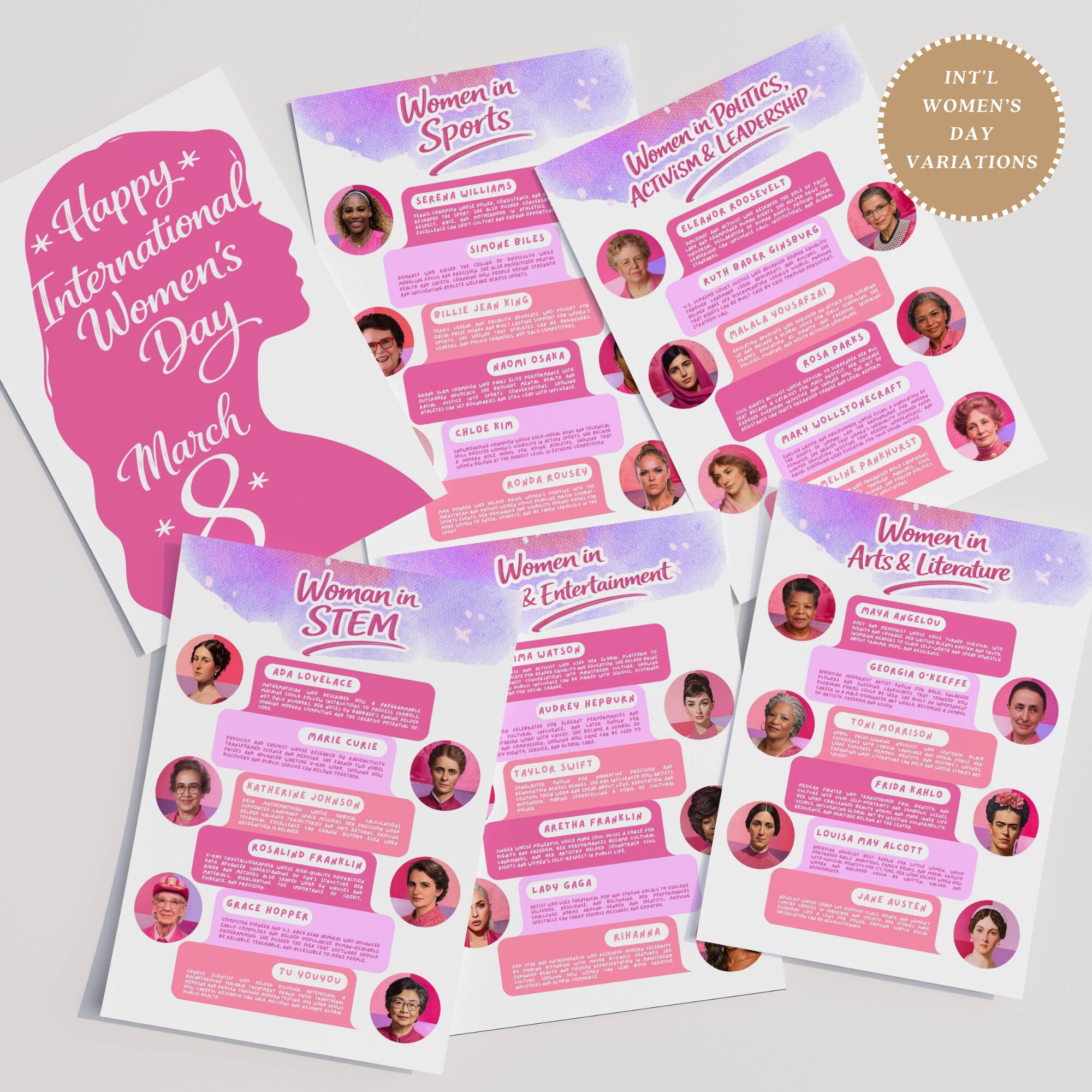 Printable Women’s History Month infographics and educational posters set of 100 for International Women’s Day, March bulletin boards, classroom decor, and displays.