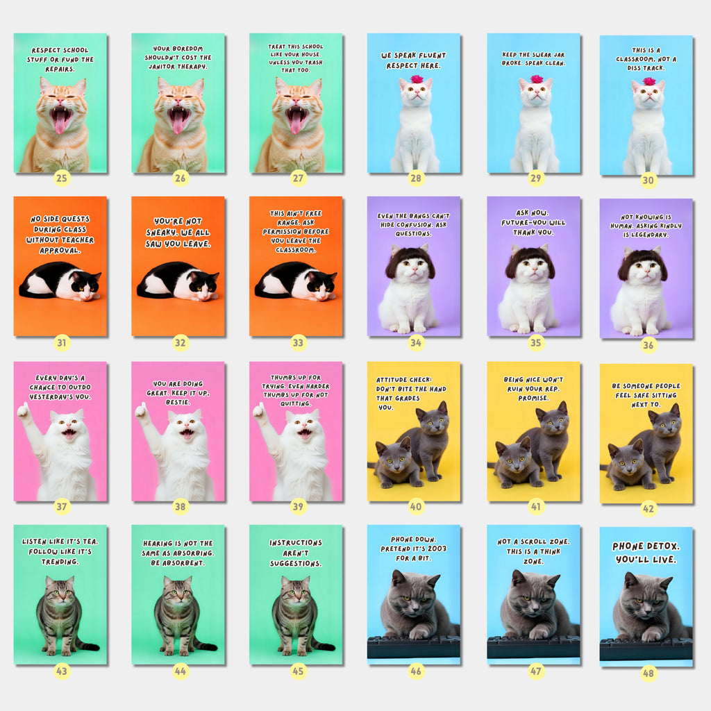 Printable funny class rules cat meme posters for middle school and high school classroom decor, teacher bulletin boards, and playful displays.