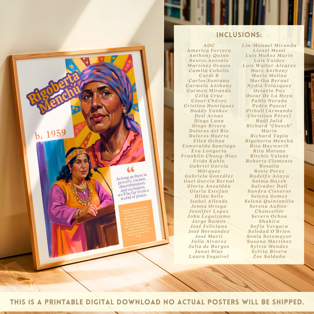 Printable Hispanic Heritage Month poster set of 80 featuring history quotes, classroom decor, bulletin board displays, and educational