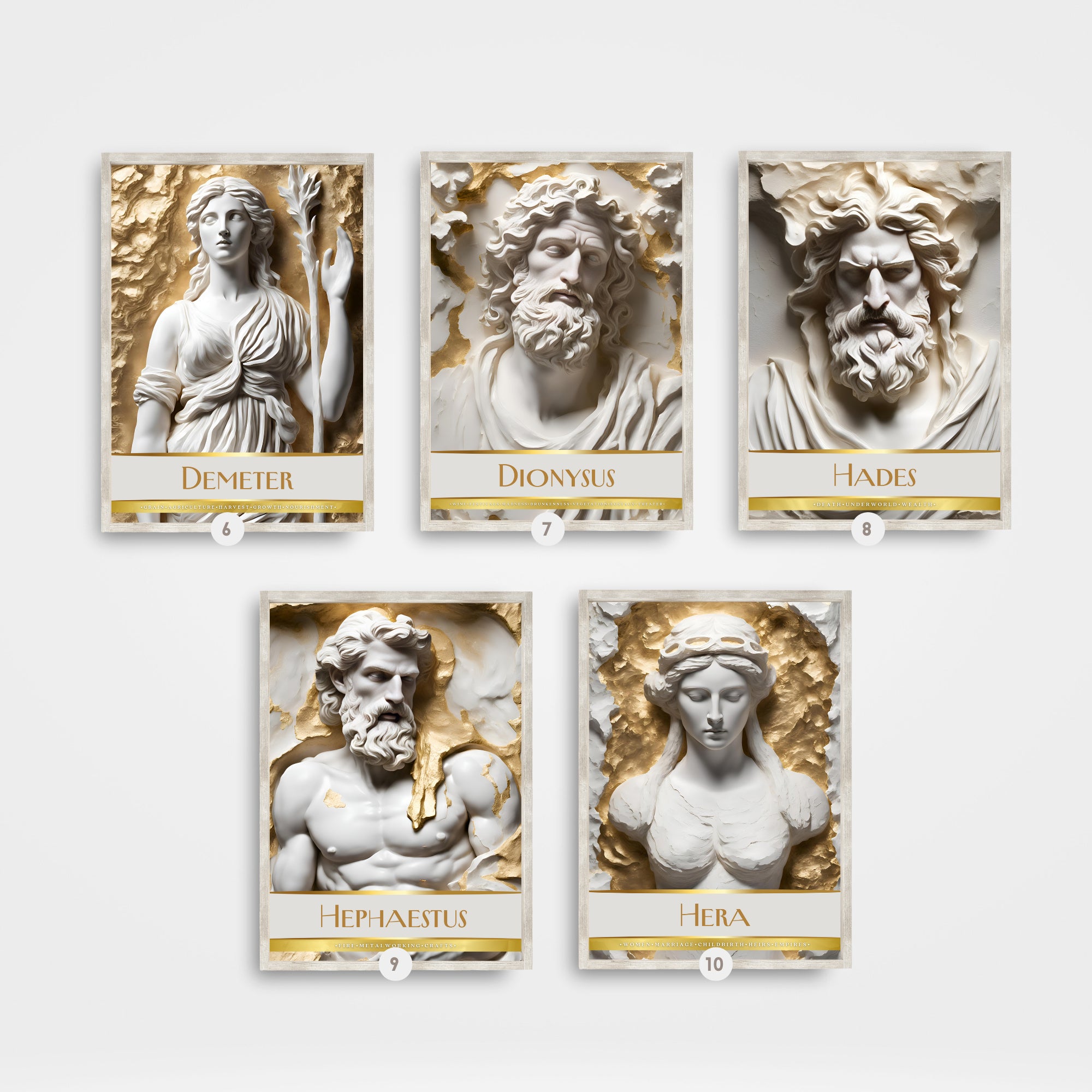 Printable Greek gods and goddesses poster set of 15 for mythology wall art, classroom decor, bulletin boards, homeschool spaces, and educational displays.