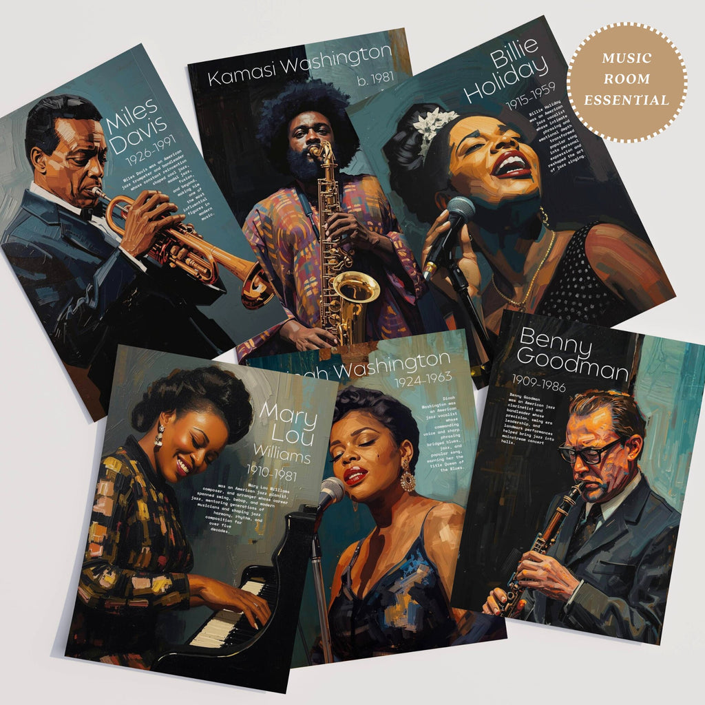 Printable jazz artists poster set of 50 for music classroom decor, music rooms, studio displays, gallery walls, and educational bulletin boards.