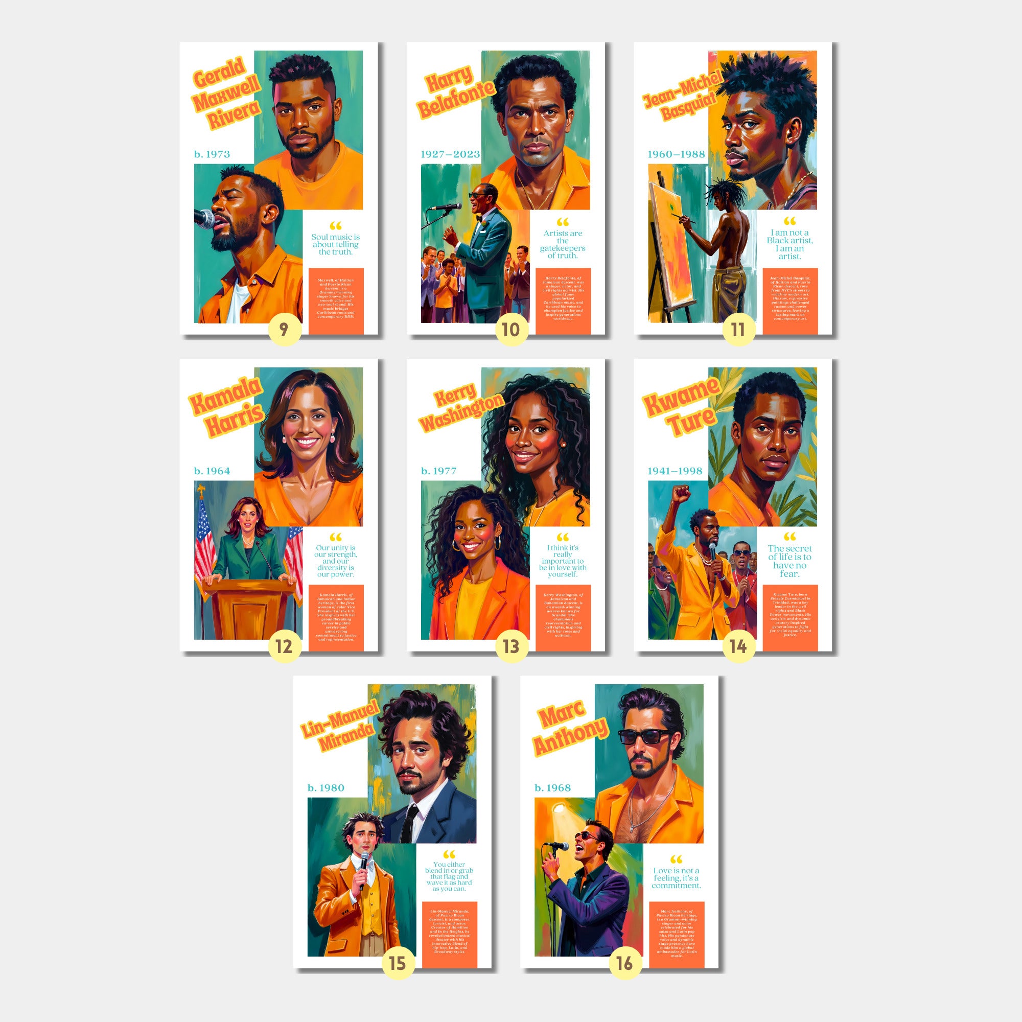 Printable Caribbean-American Heritage Month poster set of 30 featuring history icons for June bulletin boards, classroom decor, and displays.