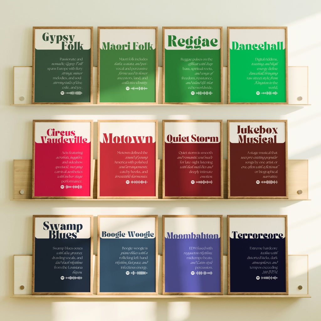 Printable music genres mega bundle with 600 posters for music classroom decor, studio displays, gallery walls, and educational bulletin boards.