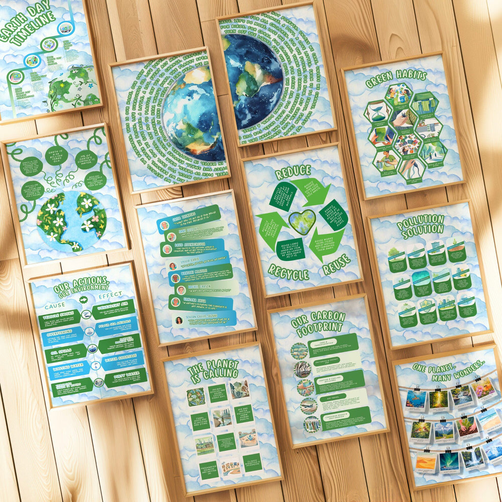 Printable Earth Day poster set of 140 for climate change awareness, world environment lessons, classroom decor, bulletin boards, and displays.