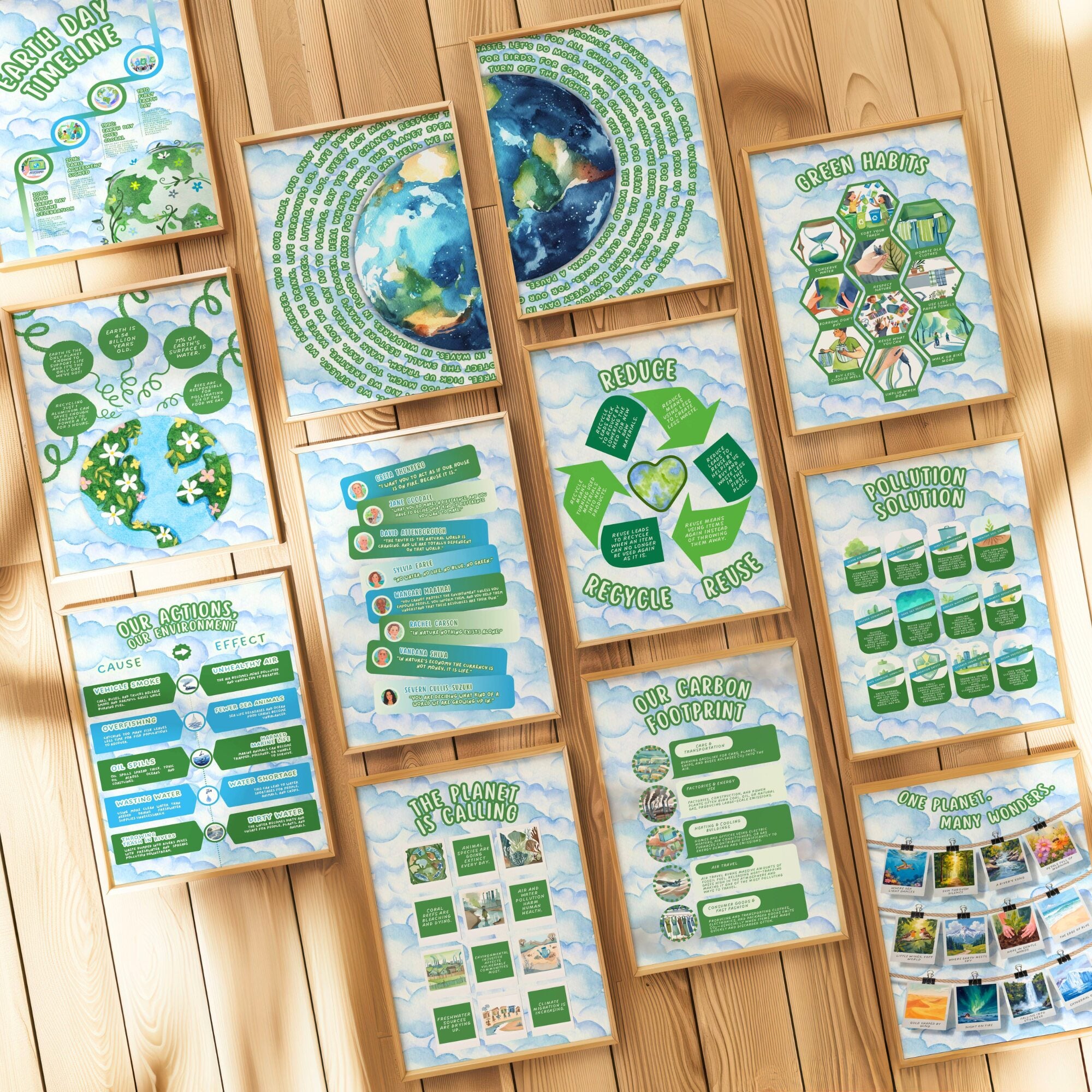 Printable Earth Day poster set of 140 for climate change awareness, world environment lessons, classroom decor, bulletin boards, and displays.