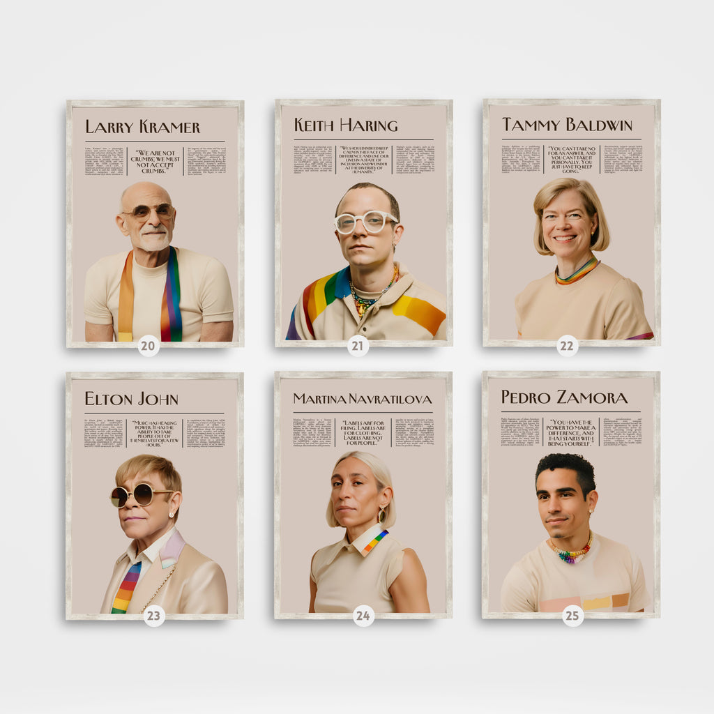 Printable Pride Month poster set of 25 featuring LGBT icons, LGBTQIA+ history, queer quotes, SOGIE displays, and inclusive classroom decor.