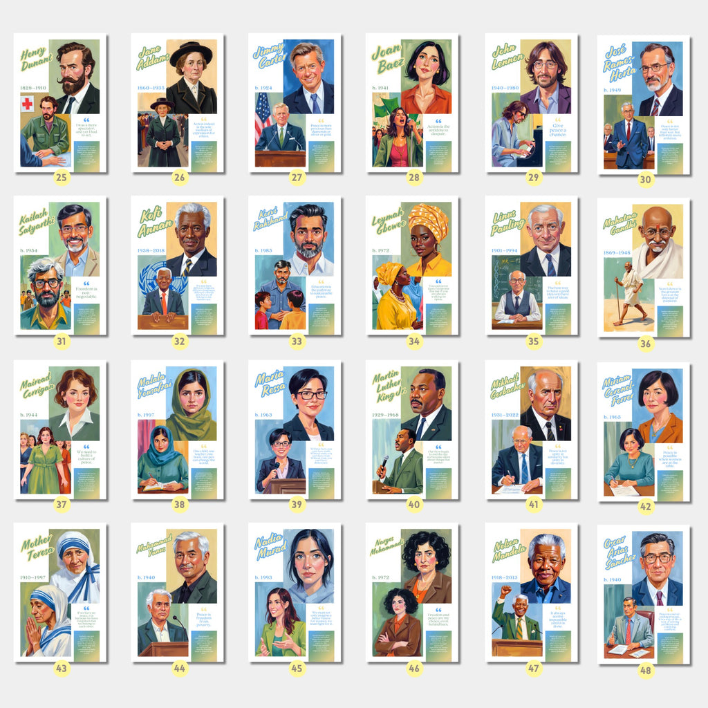 Printable peace advocates poster set of 60 featuring world leaders, famous inspirational quotes, history classroom decor, and bulletin board displays.