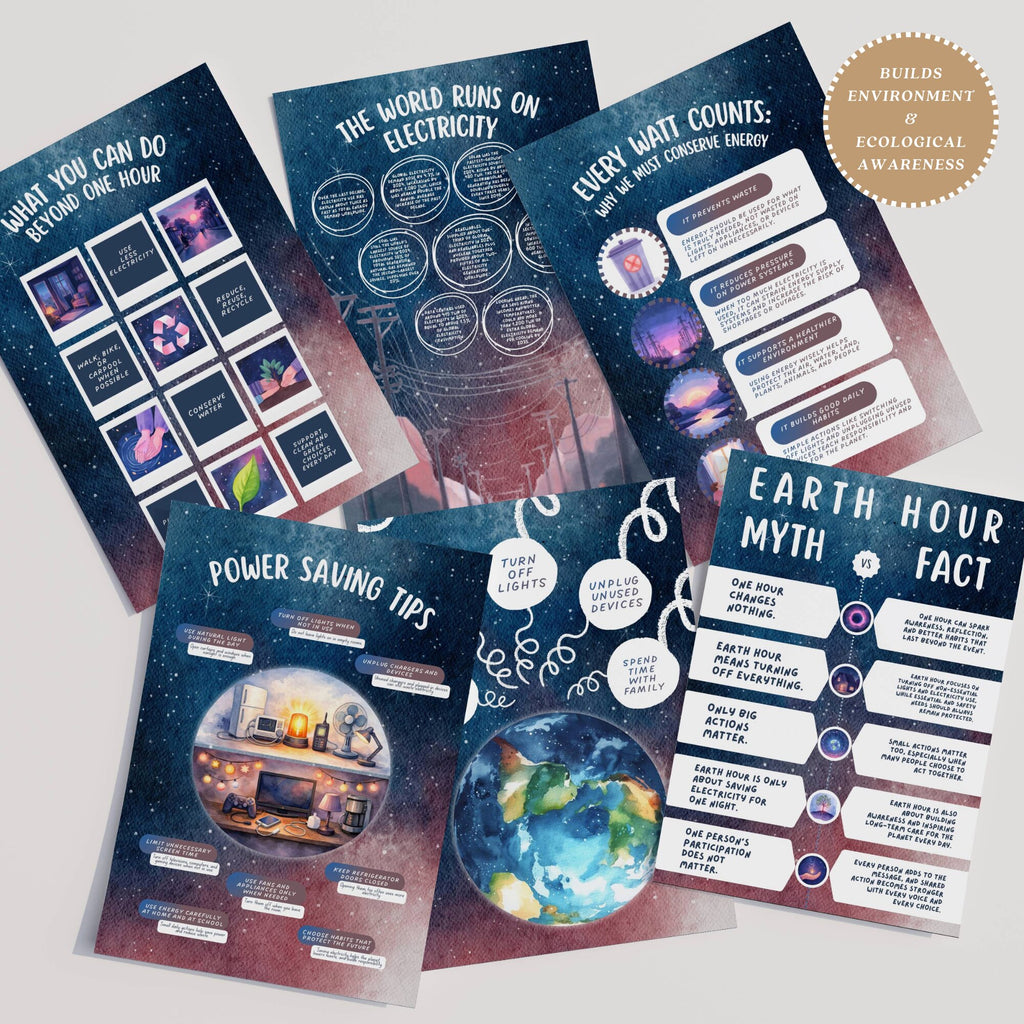 Printable Earth Hour poster set of 30 for climate change awareness, March bulletin boards, classroom decor, sustainability lessons, and displays.