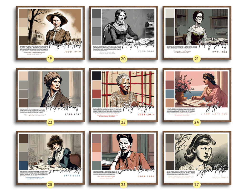 Printable Women in Literature poster set of 30 featuring famous writers, quotes, and achievements. Perfect for Women’s History Month classroom decor.
