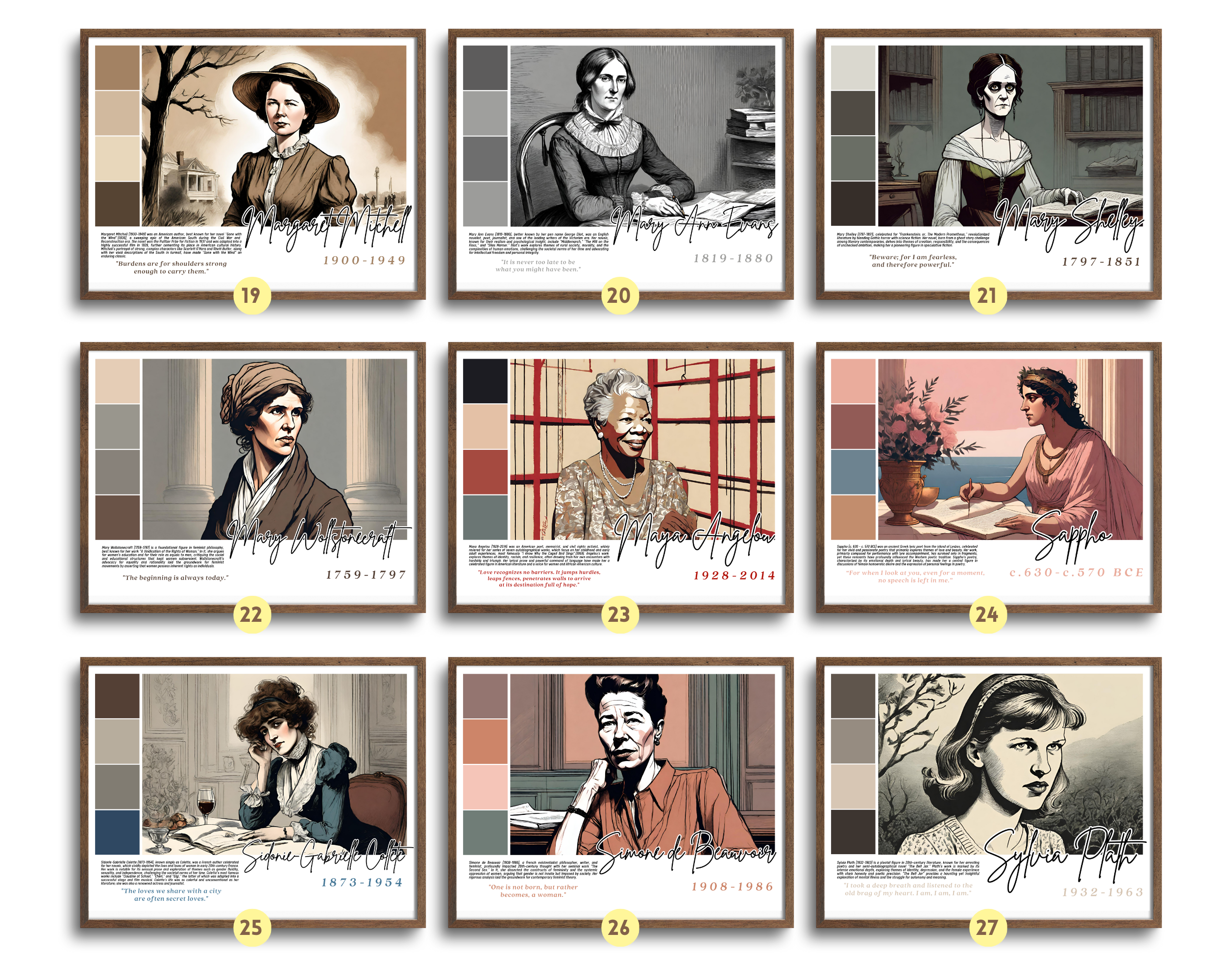 Printable Women in Literature poster set of 30 featuring famous writers, quotes, and achievements. Perfect for Women’s History Month classroom decor.