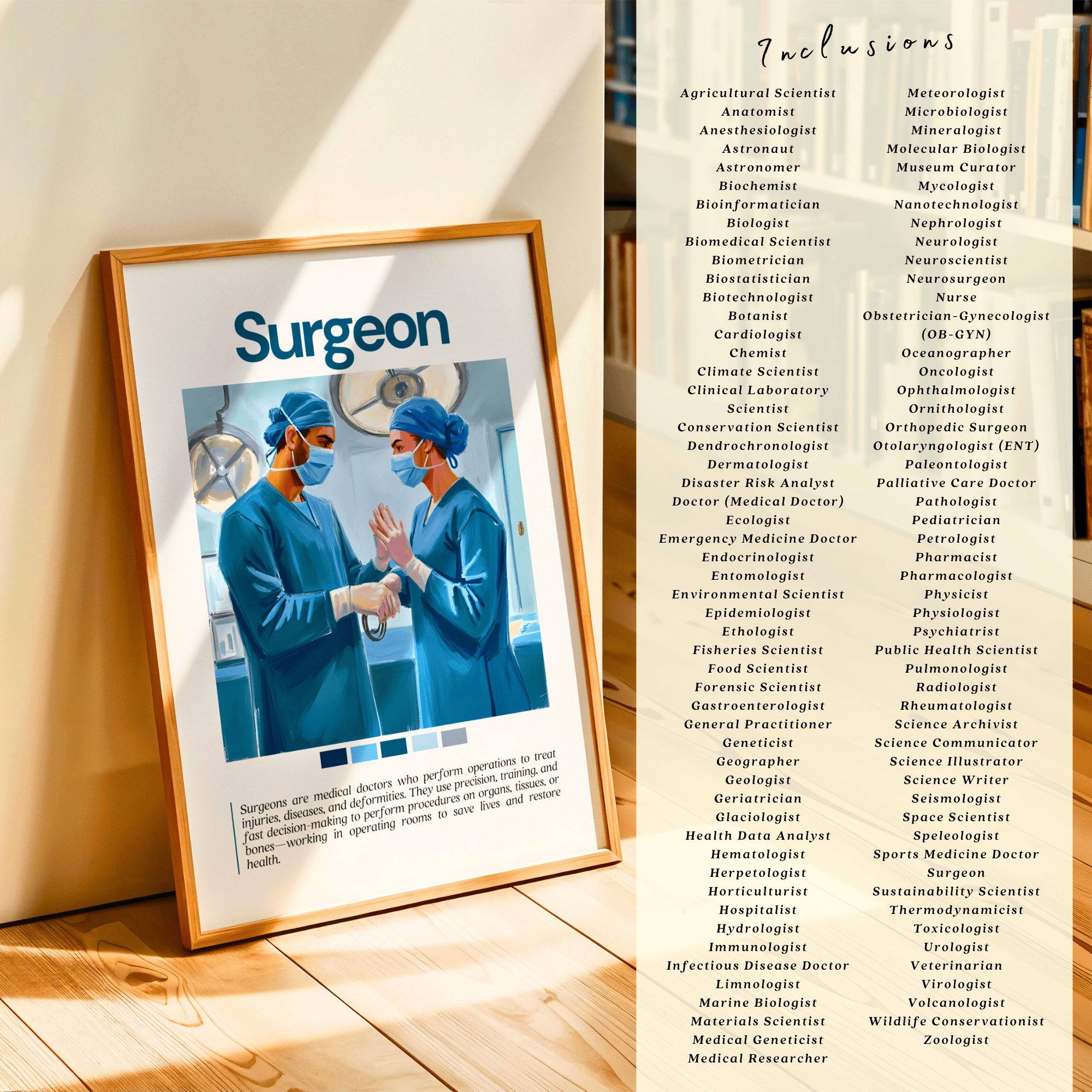 Printable science careers poster set of 100 for STEM classroom decor, career exploration, bulletin boards, homeschool spaces, and wall displays.
