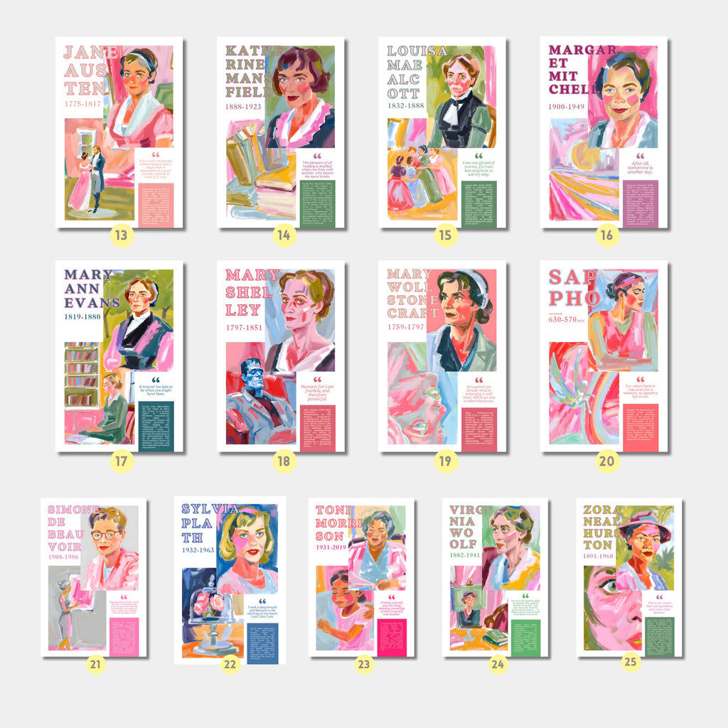 Printable Women in Literature poster set of 25 featuring inspirational quotes and achievements. Perfect for Women’s History Month classroom decor.