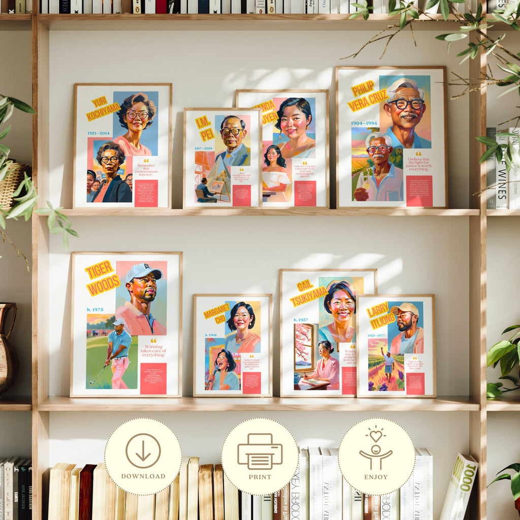 Printable AAPI Heritage Month poster set of 50 featuring Asian American and Pacific Islander icons for classroom decor and bulletin boards.