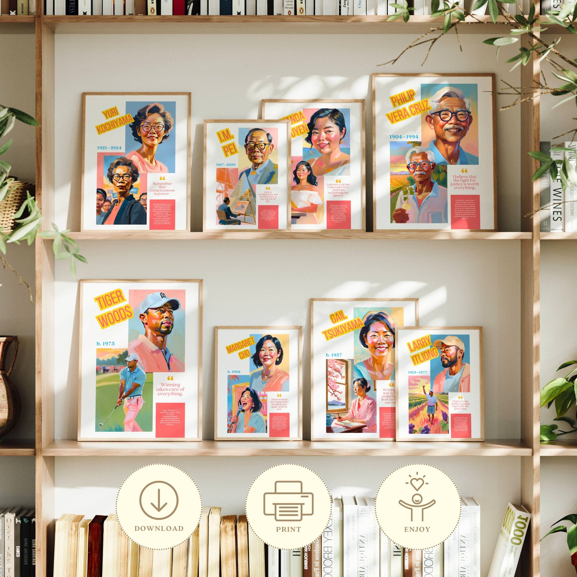 Printable AAPI Heritage Month poster set of 50 featuring Asian American and Pacific Islander icons for classroom decor and bulletin boards.