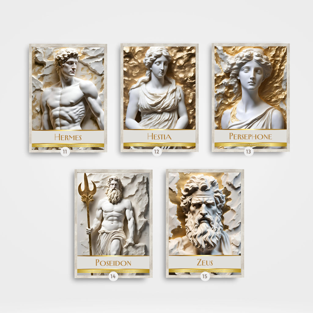 Printable Greek gods and goddesses poster set of 15 for mythology wall art, classroom decor, bulletin boards, homeschool spaces, and educational displays.