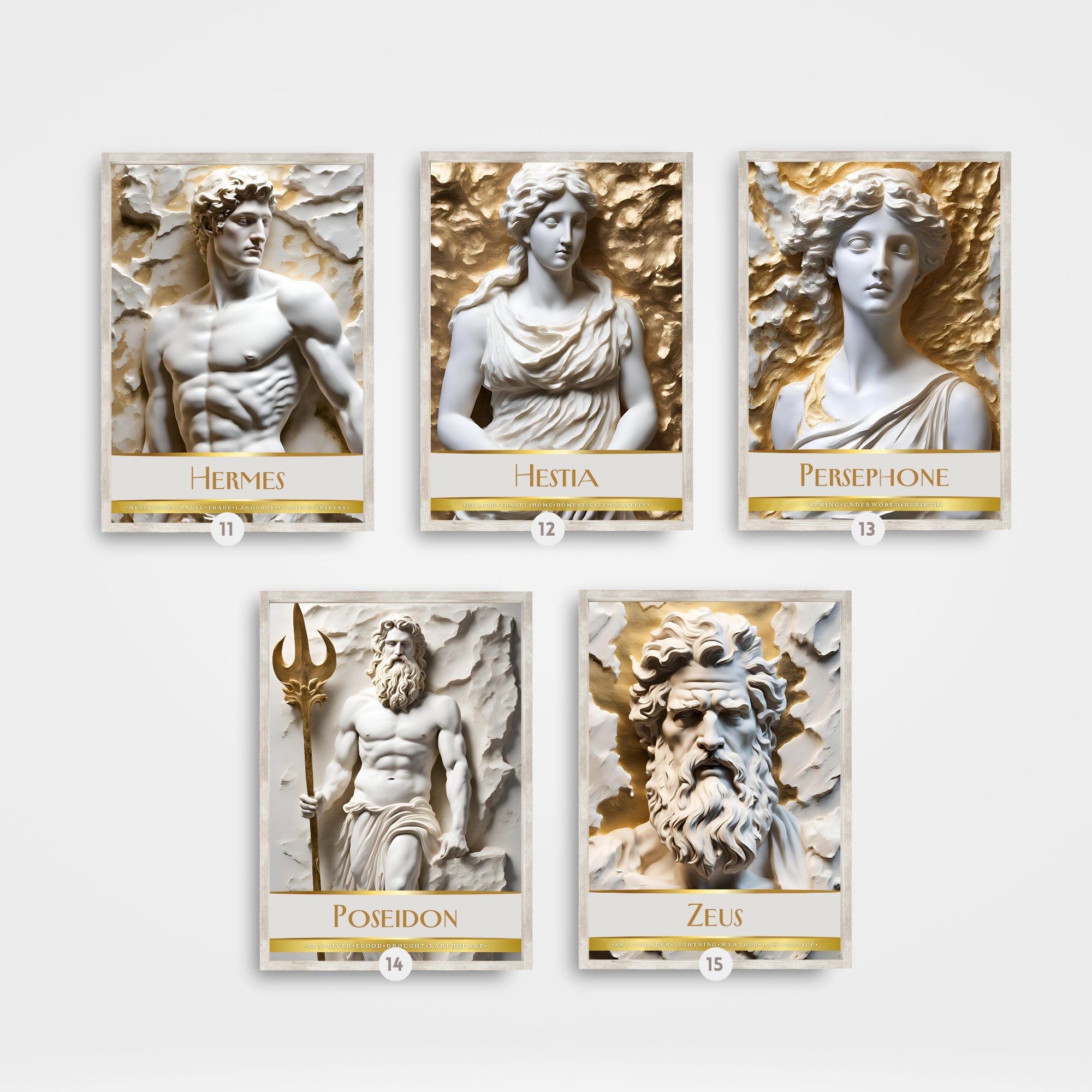 Printable Greek gods and goddesses poster set of 15 for mythology wall art, classroom decor, bulletin boards, homeschool spaces, and educational displays.