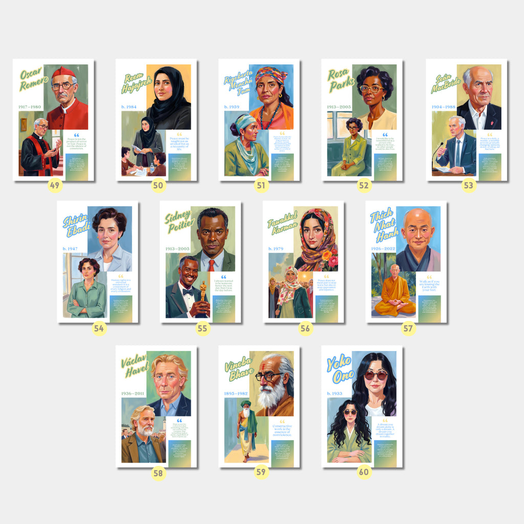 Printable peace advocates poster set of 60 featuring world leaders, famous inspirational quotes, history classroom decor, and bulletin board displays.