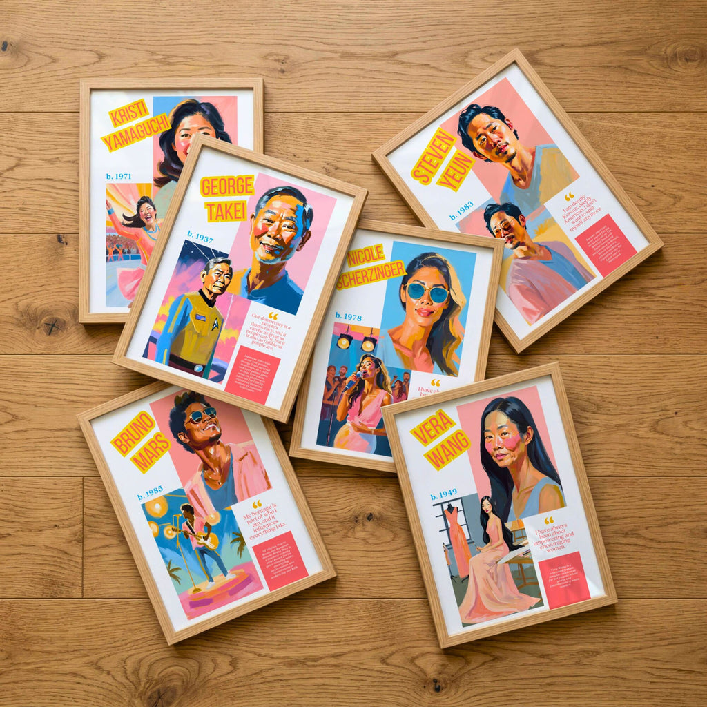 Printable AAPI Heritage Month poster set of 50 featuring Asian American and Pacific Islander icons for classroom decor and bulletin boards.