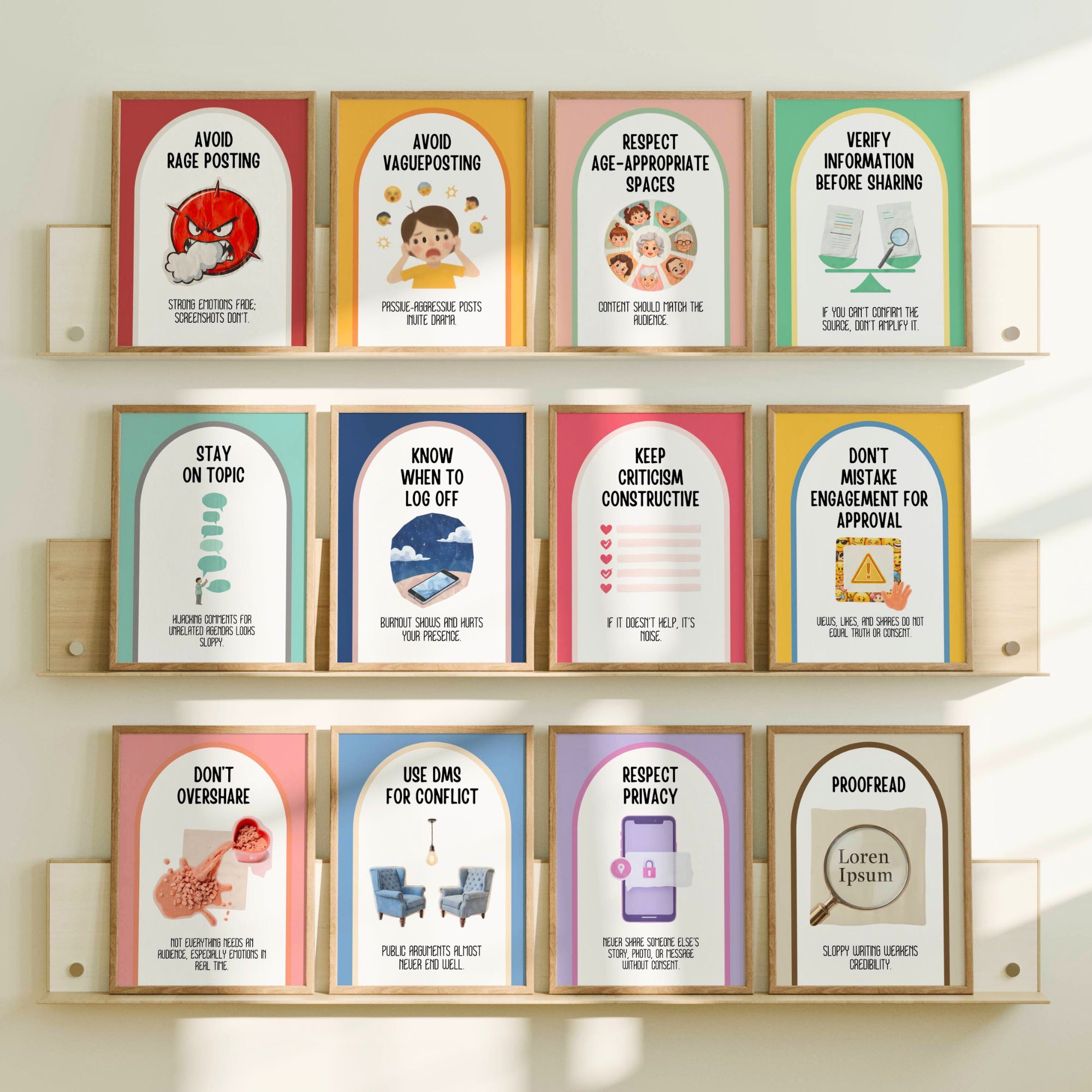 Printable social media etiquette poster set of 35 for middle school, high school, office bulletin boards, digital citizenship, and classroom decor.