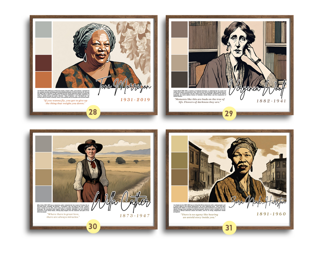 Printable Women in Literature poster set of 30 featuring famous writers, quotes, and achievements. Perfect for Women’s History Month classroom decor.