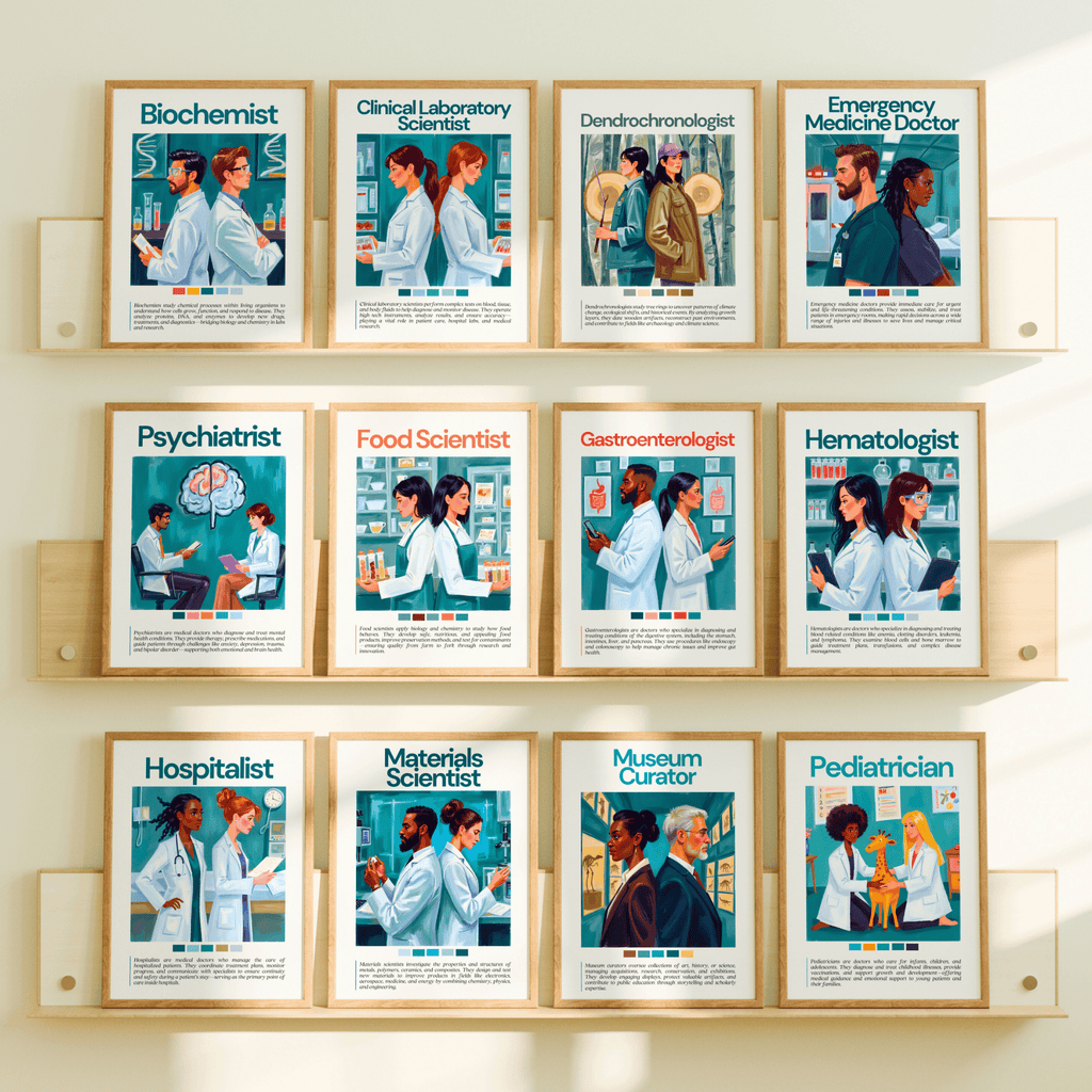Printable science careers poster set of 100 for STEM classroom decor, career exploration, bulletin boards, homeschool spaces, and wall displays.