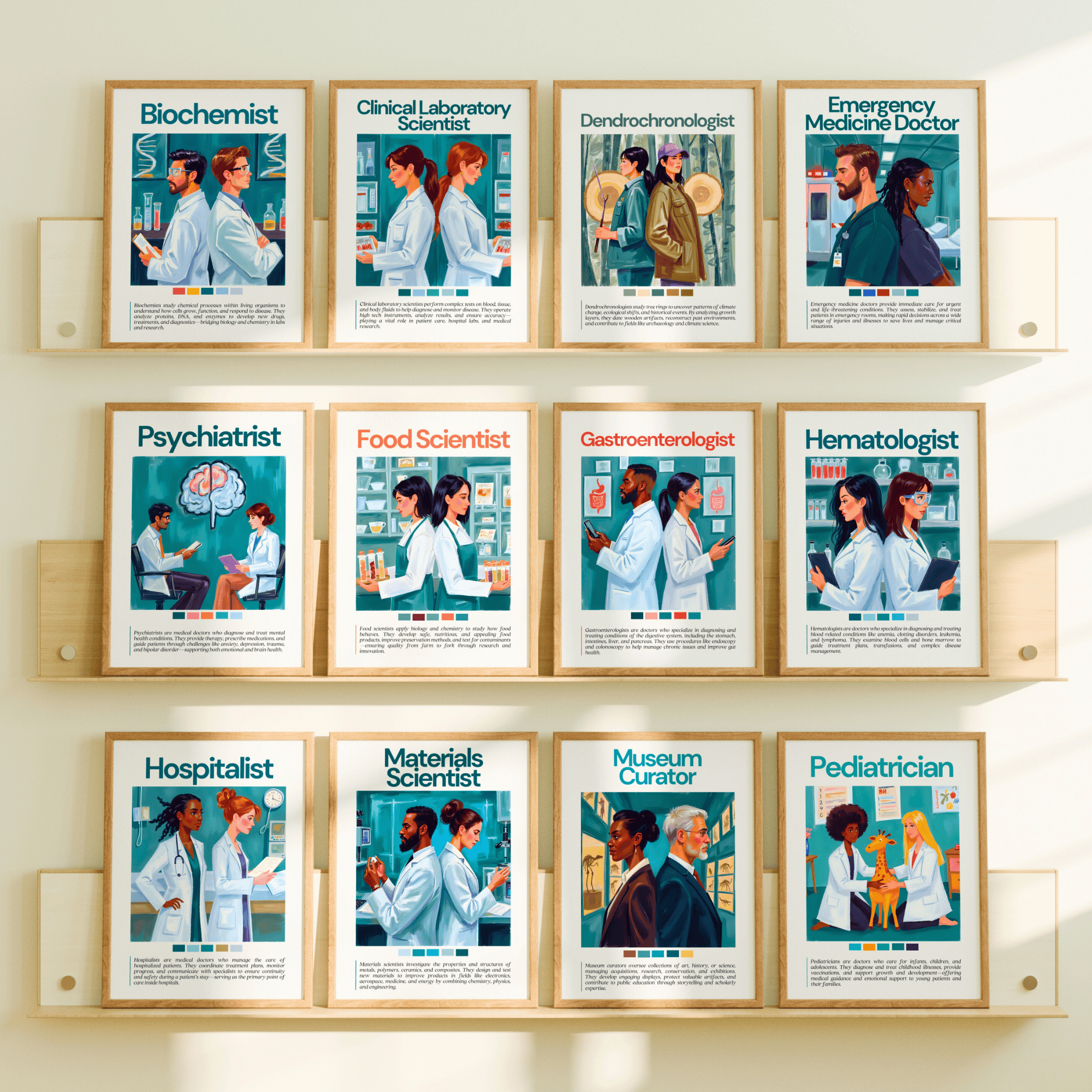Printable science careers poster set of 100 for STEM classroom decor, career exploration, bulletin boards, homeschool spaces, and wall displays.