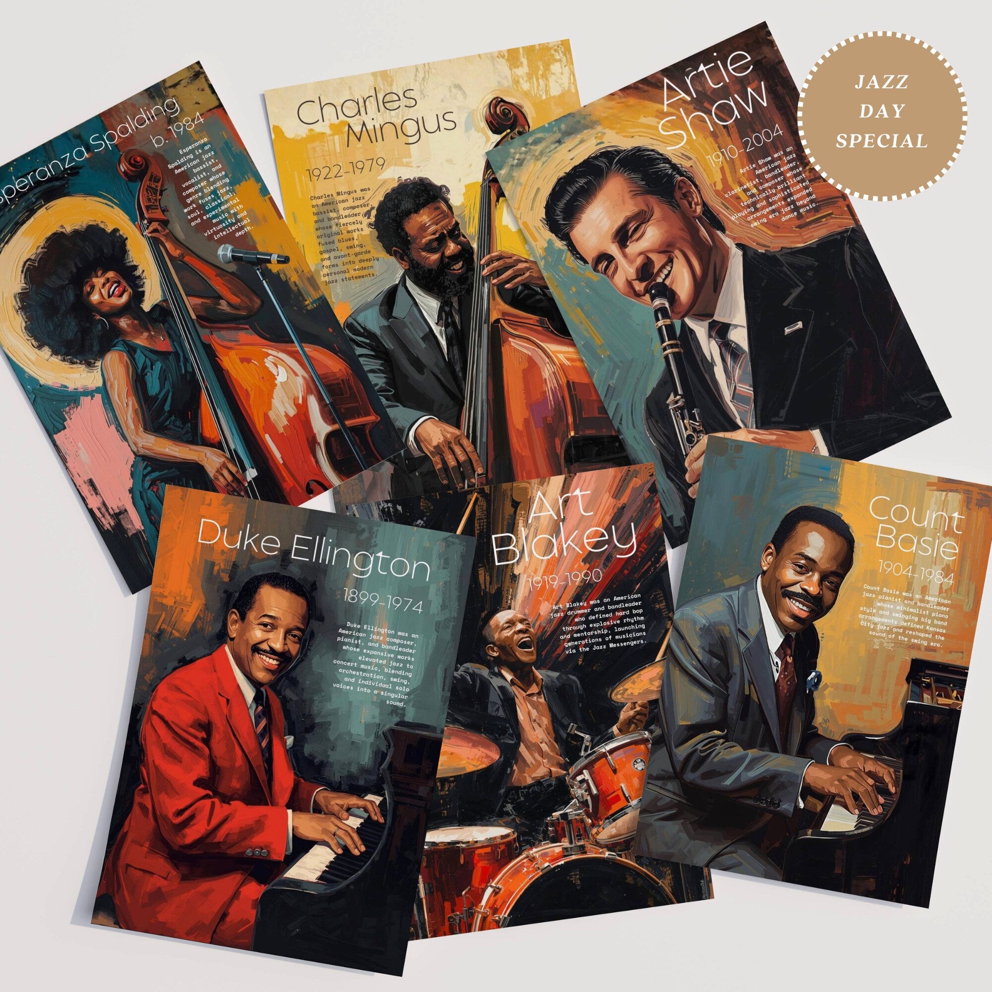 Printable jazz artists poster set of 50 for music classroom decor, music rooms, studio displays, gallery walls, and educational bulletin boards.